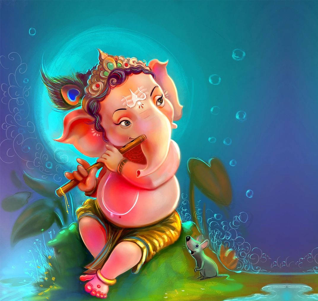 Bal Ganesh, bansuri, pink elephant-headed deity, SD Desktop Wallpaper