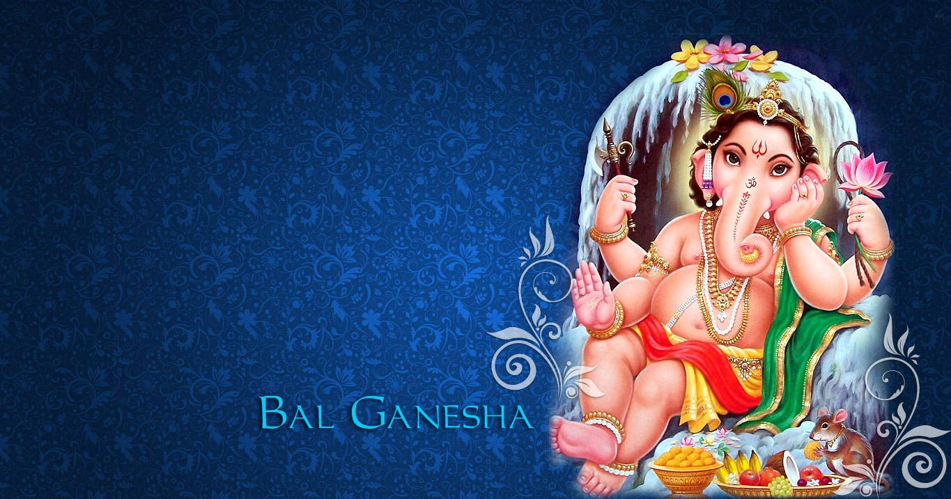 Bal Ganesh, icy altar, blue ornate background, HD Desktop Wallpaper