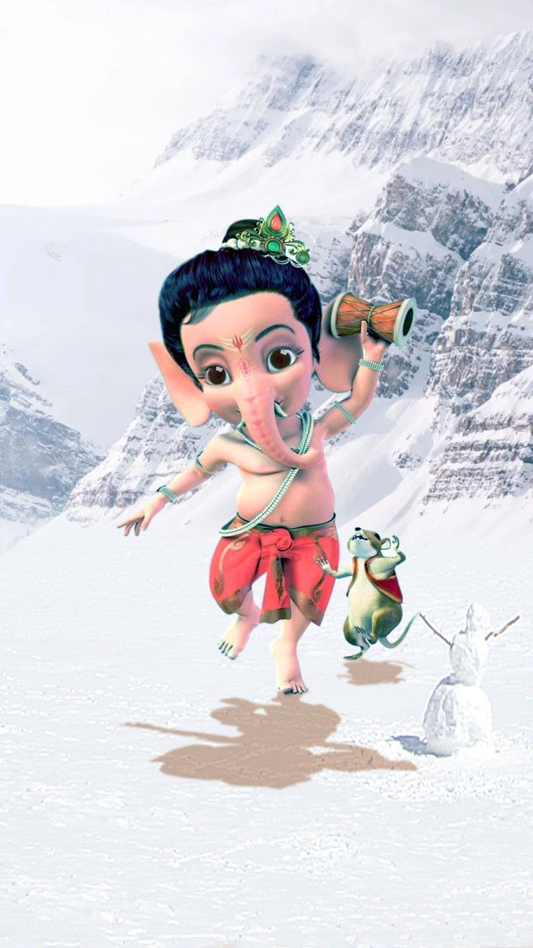 Bal Ganesh, mouse companion, snowy mountains, Full HD Phone Wallpaper