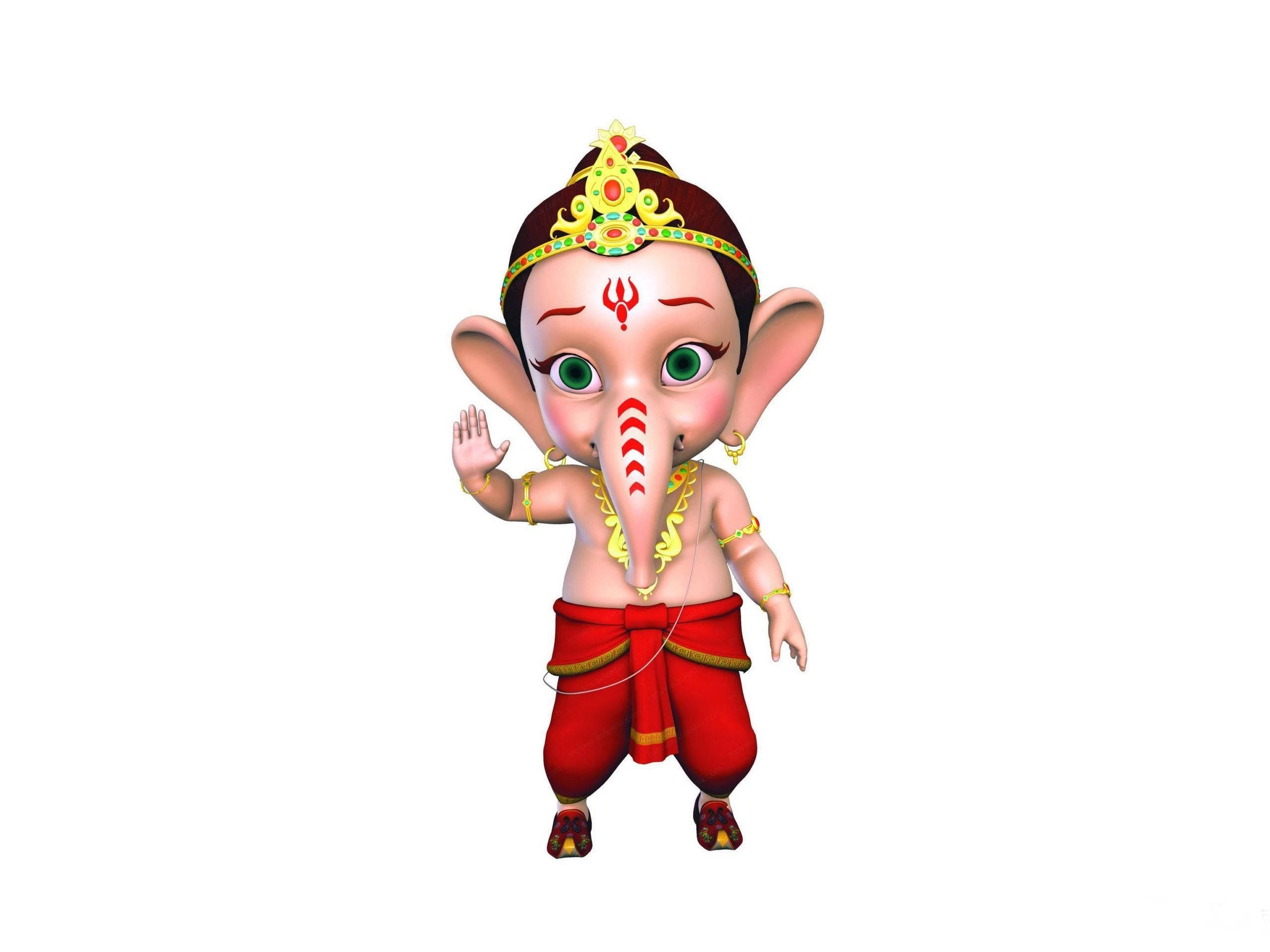 Bal Ganesh, green eyes, red dhoti, 2K Desktop Wallpaper