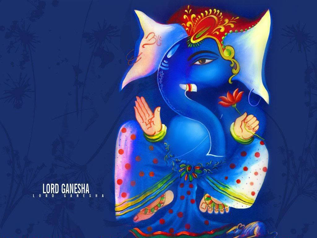 Bal Ganesh, blue skinned elephant god, red flower, SD Desktop Wallpaper