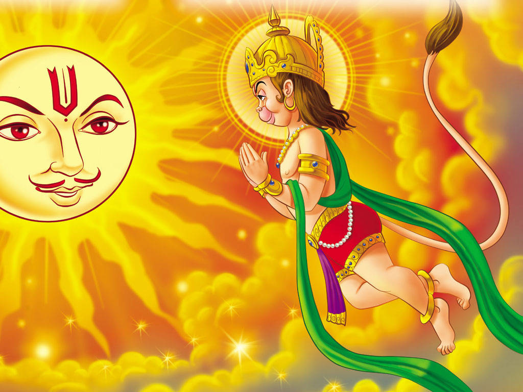 Bal Hanuman, sun face, fiery golden sky, SD Desktop Wallpaper