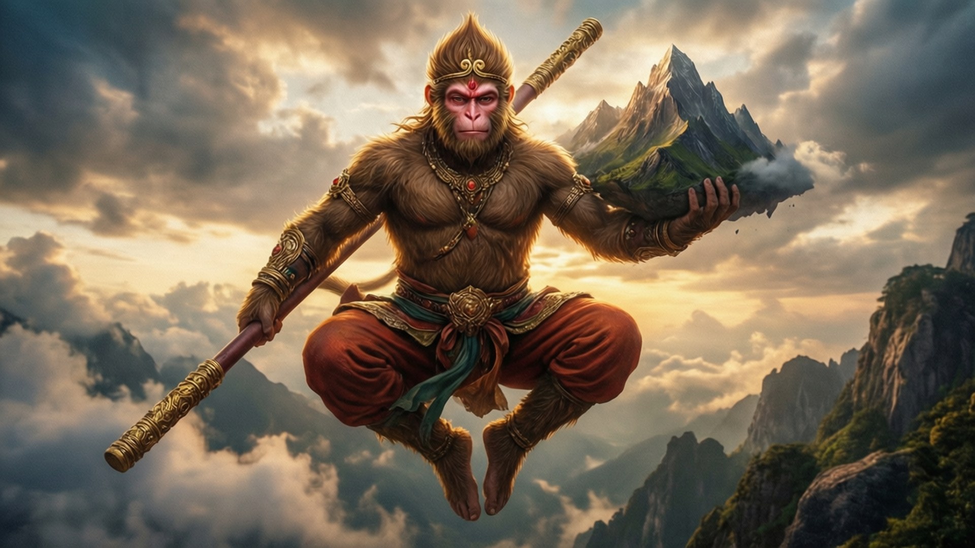 Bal Hanuman, mountain, flying, Full HD Desktop Wallpaper