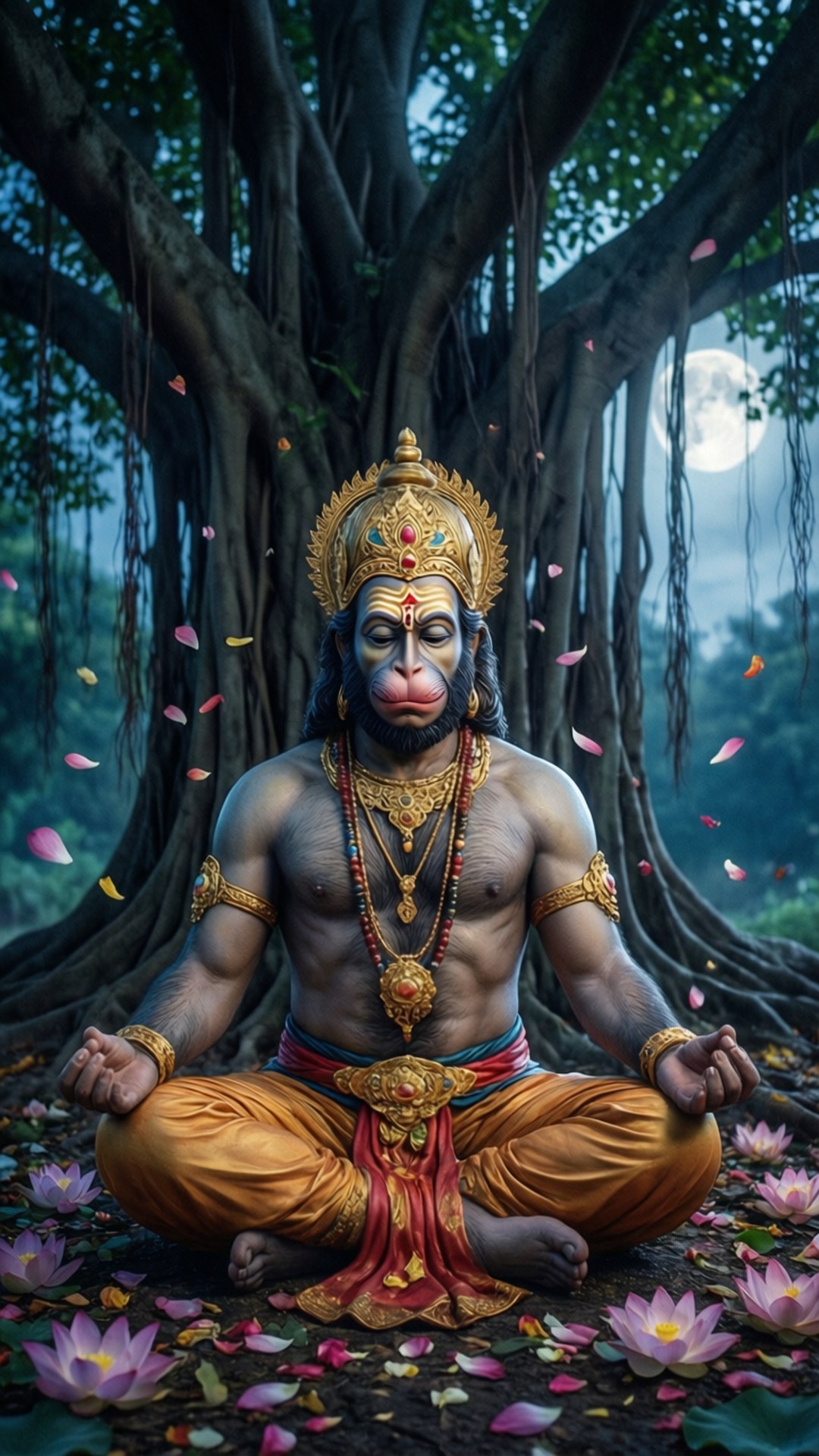 Bal Hanuman, banyan tree, lotus petals, Full HD Phone Wallpaper