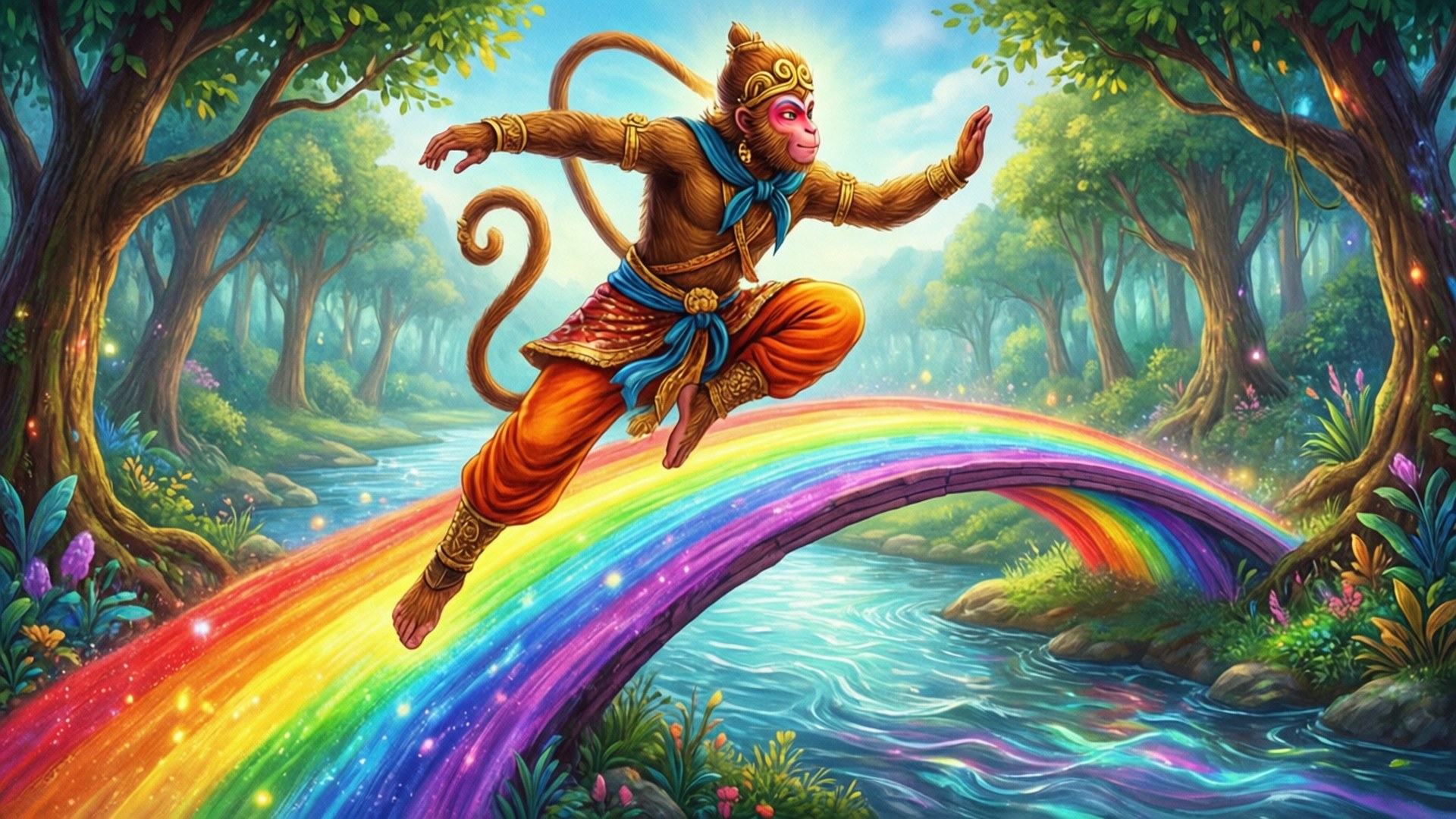 Bal Hanuman, rainbow bridge, magical scene, Full HD Desktop Wallpaper
