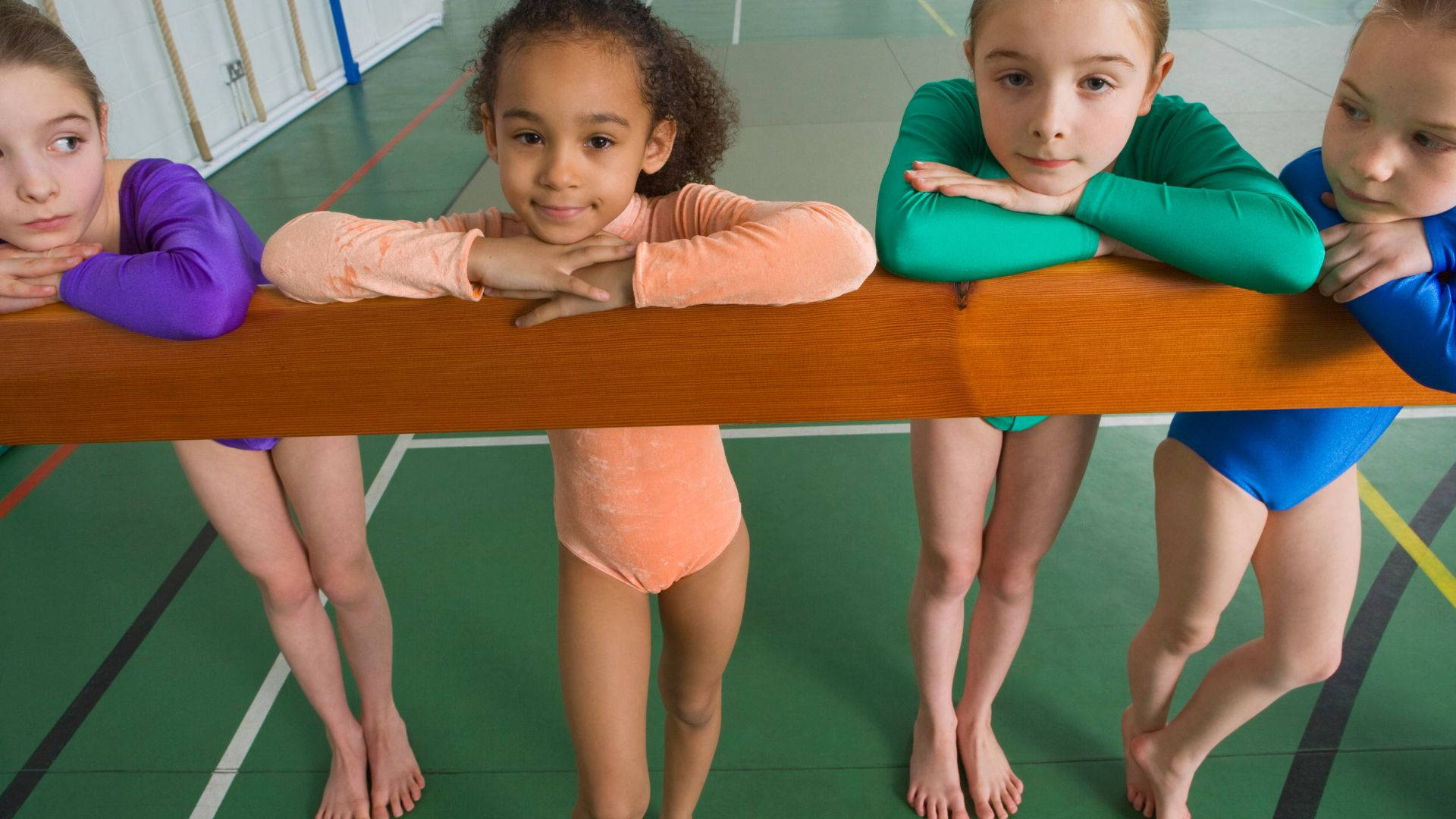balance beam, wooden ballet barre, bright gymnasium, Full HD Desktop Wallpaper