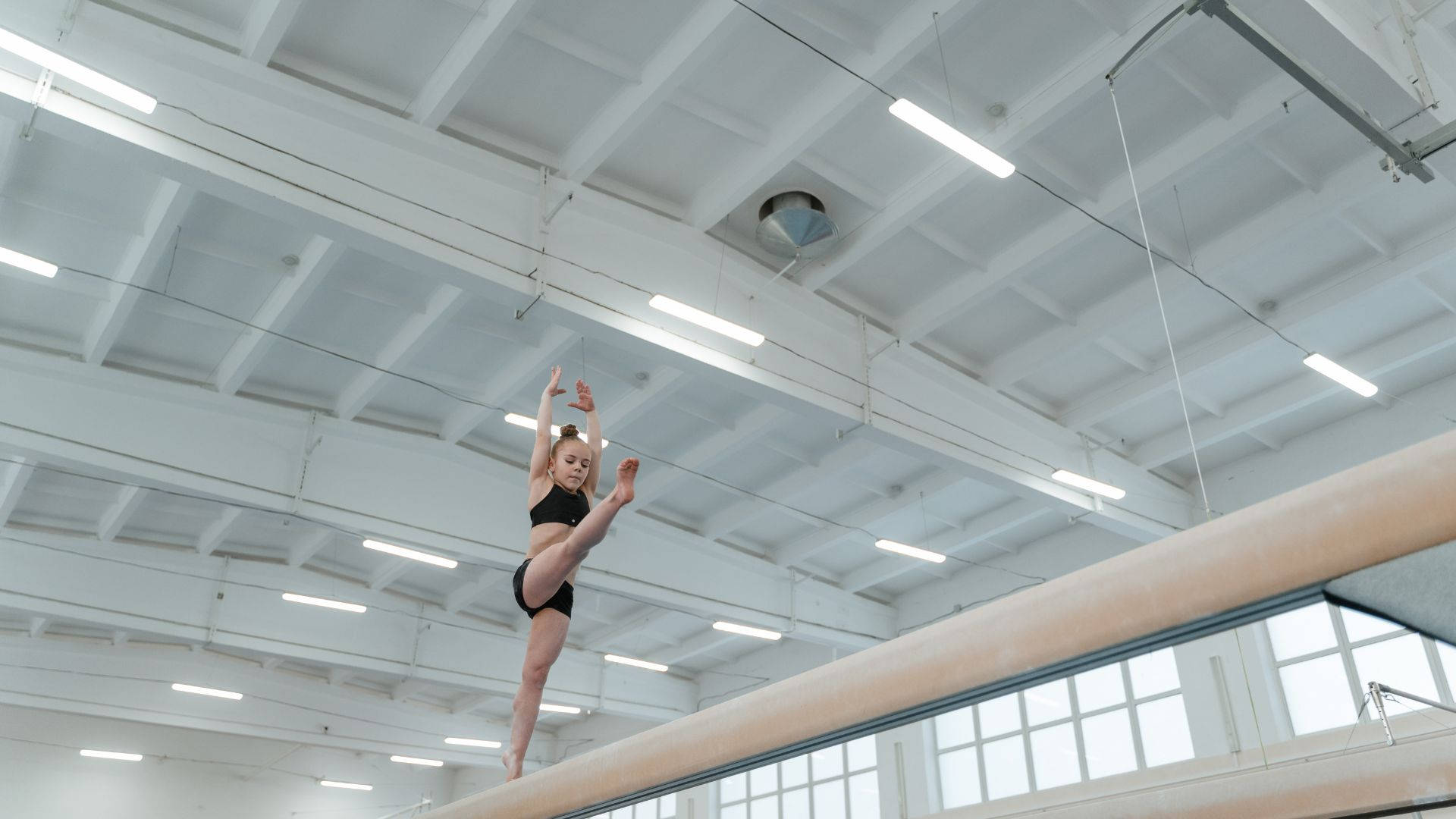 young girl, balance beam, graceful split leap, Full HD Desktop Wallpaper