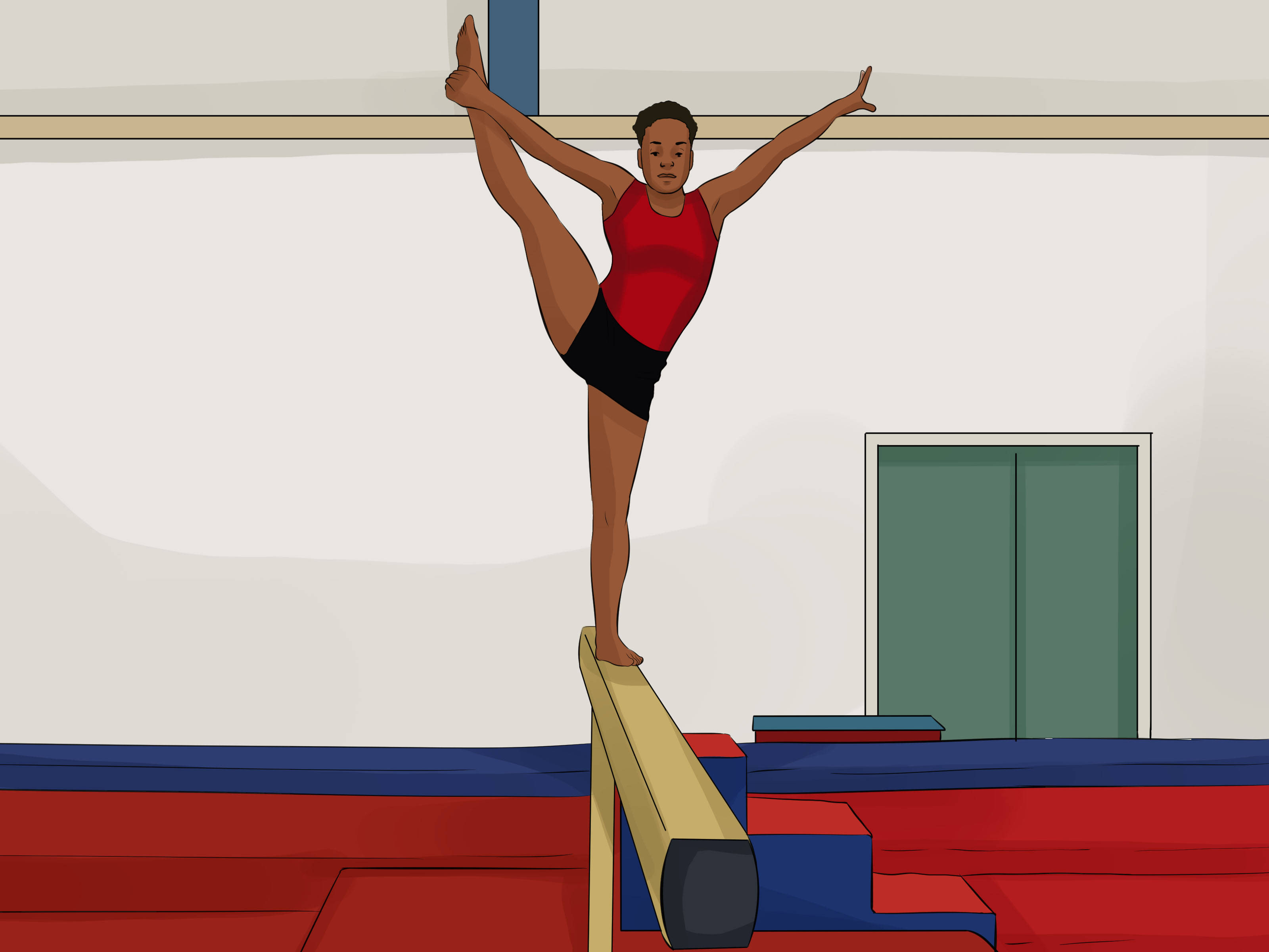 gymnastics balance beam, red leotard, blue and red mats, 2K Desktop Wallpaper