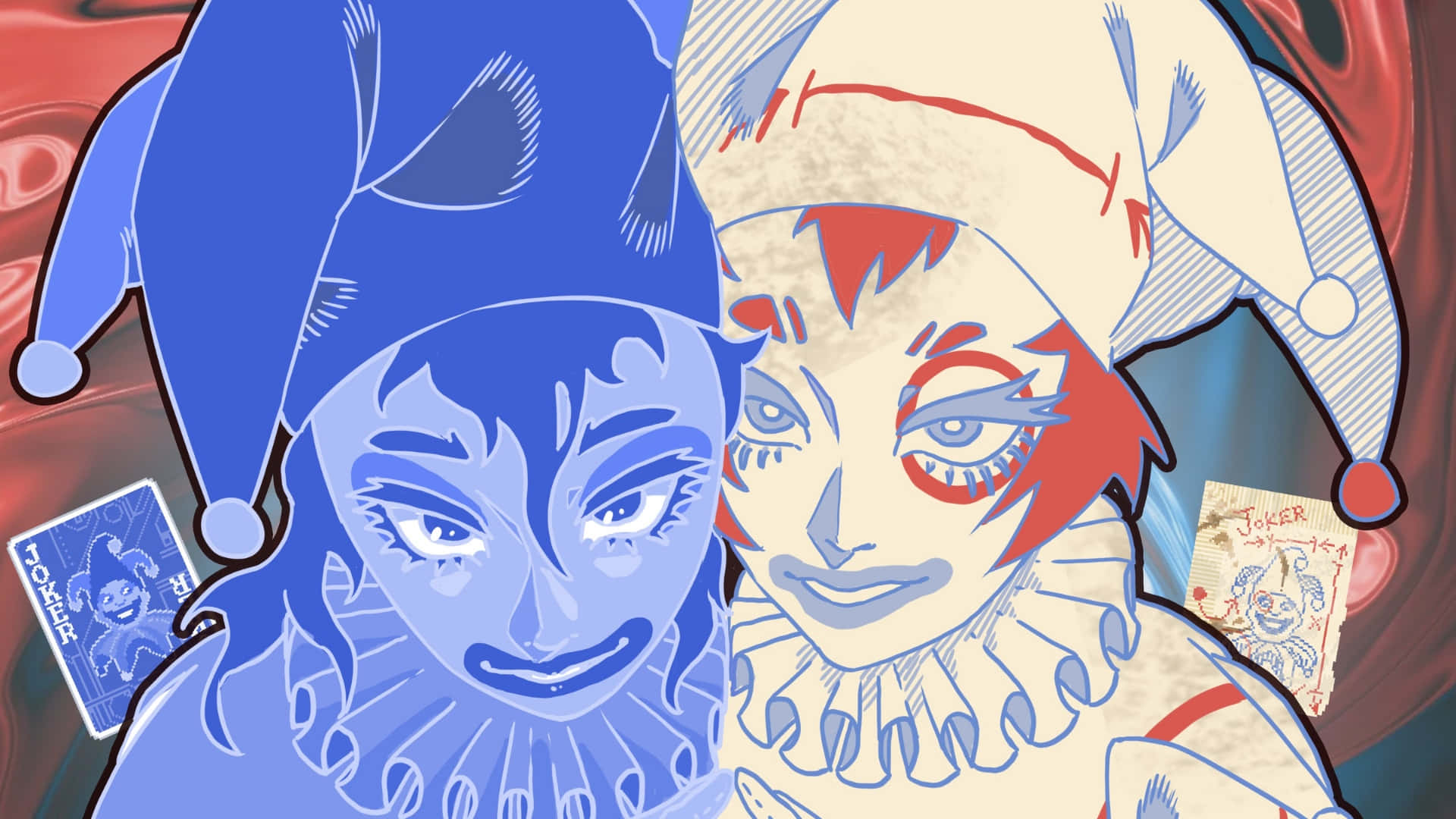Balatro, jester characters, blue and cream costumes, Full HD Desktop Wallpaper