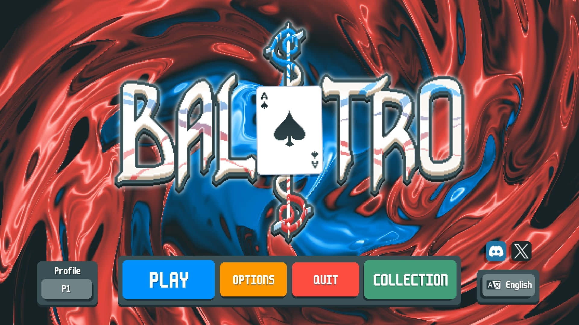 Balatro, ace of spades, red and blue liquid background, Full HD Desktop Wallpaper