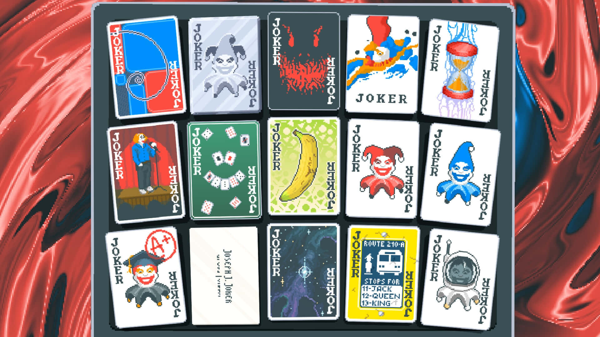 Balatro, joker playing cards, red and blue metallic background, Full HD Desktop Wallpaper