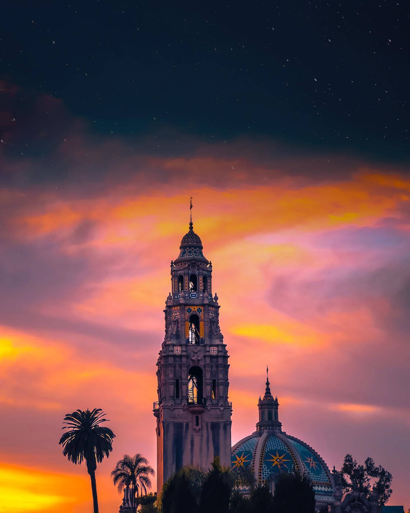 Balboa Park, sunset, cathedral tower, HD Phone Wallpaper
