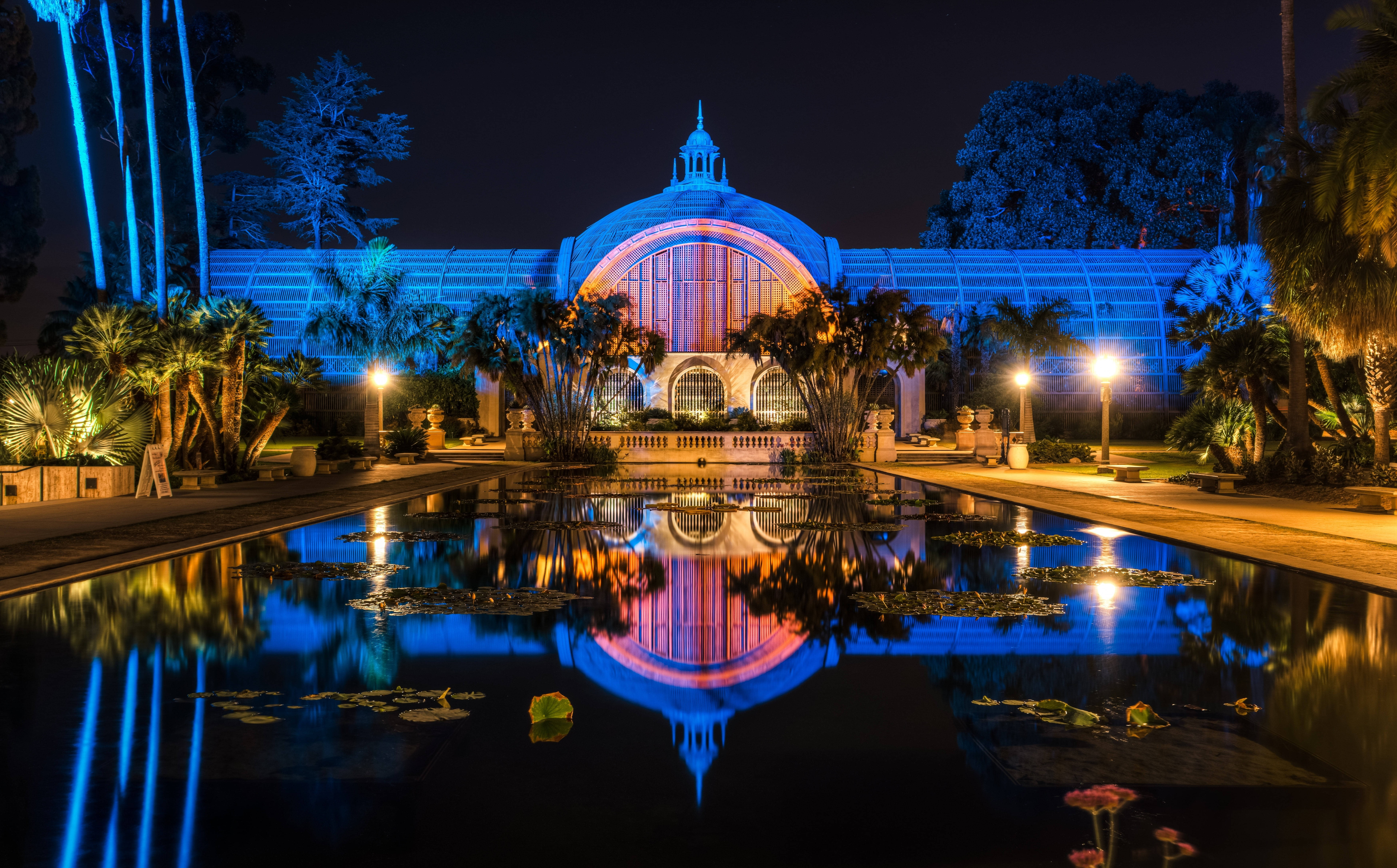 Balboa Park, glass conservatory, blue and pink lights, 8K Desktop Wallpaper