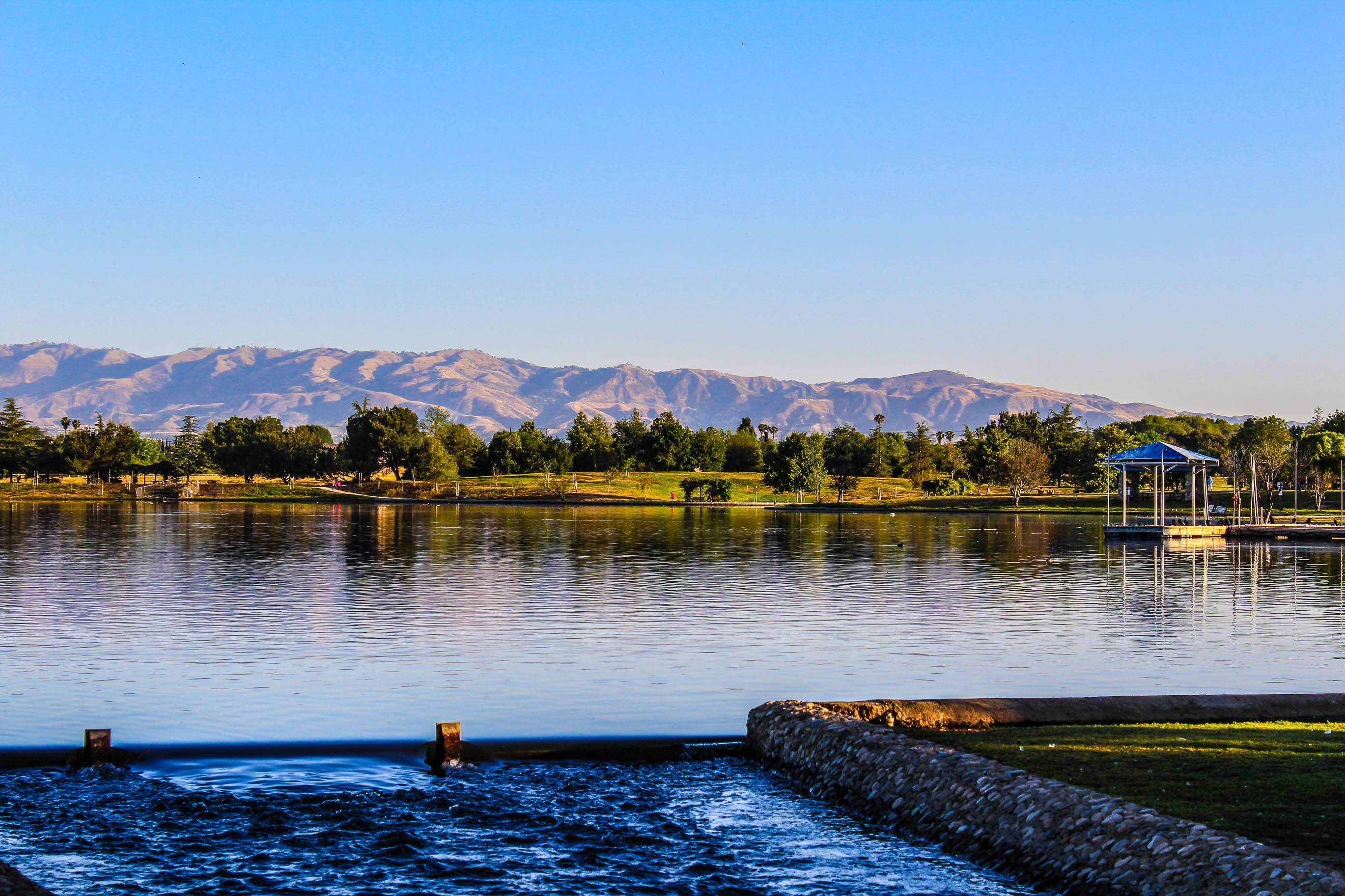 Balboa Park, lake, mountains, 2K Desktop Wallpaper
