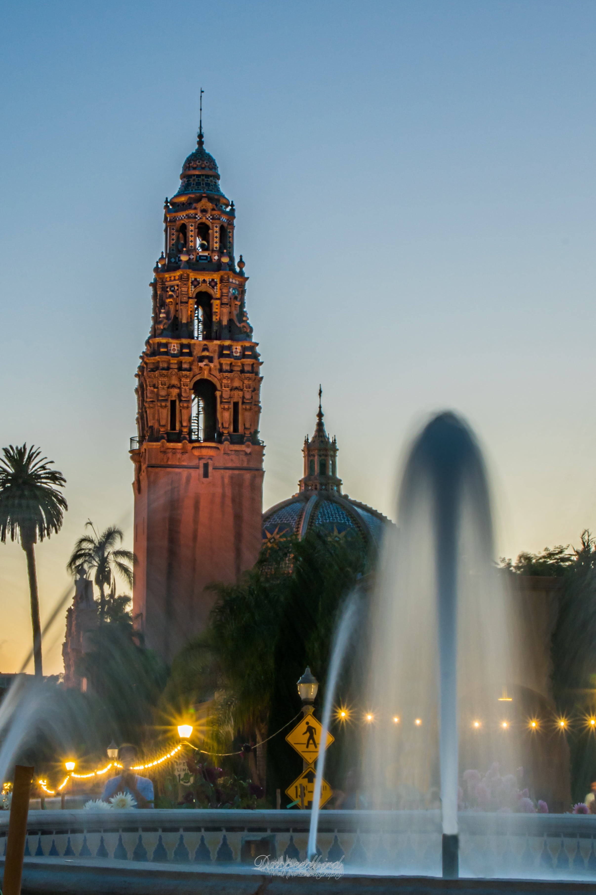 fountain, Balboa Park, twilight sky, 2K Phone Wallpaper