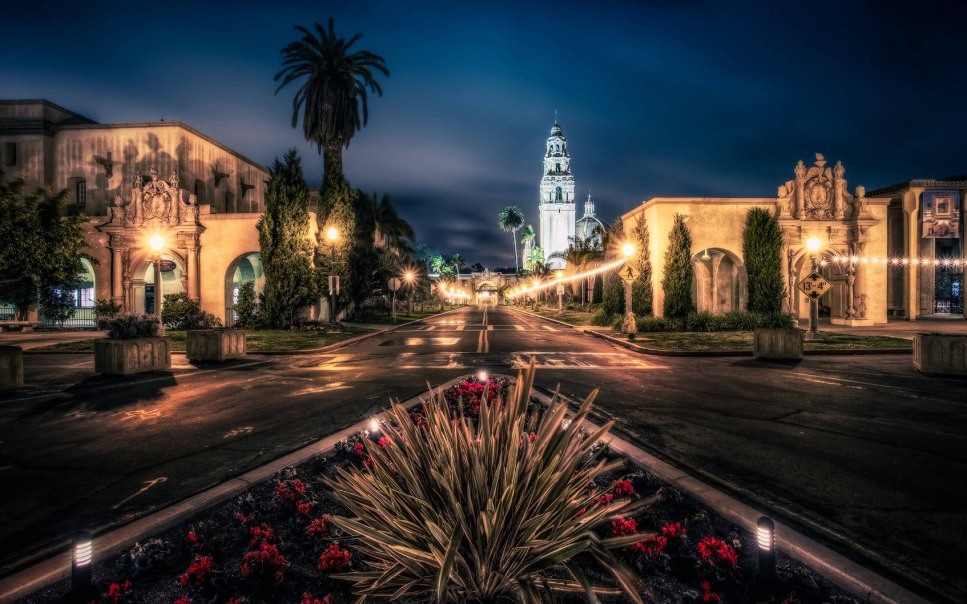 Balboa Park, Spanish colonial plaza, warm streetlights, Full HD Desktop Wallpaper