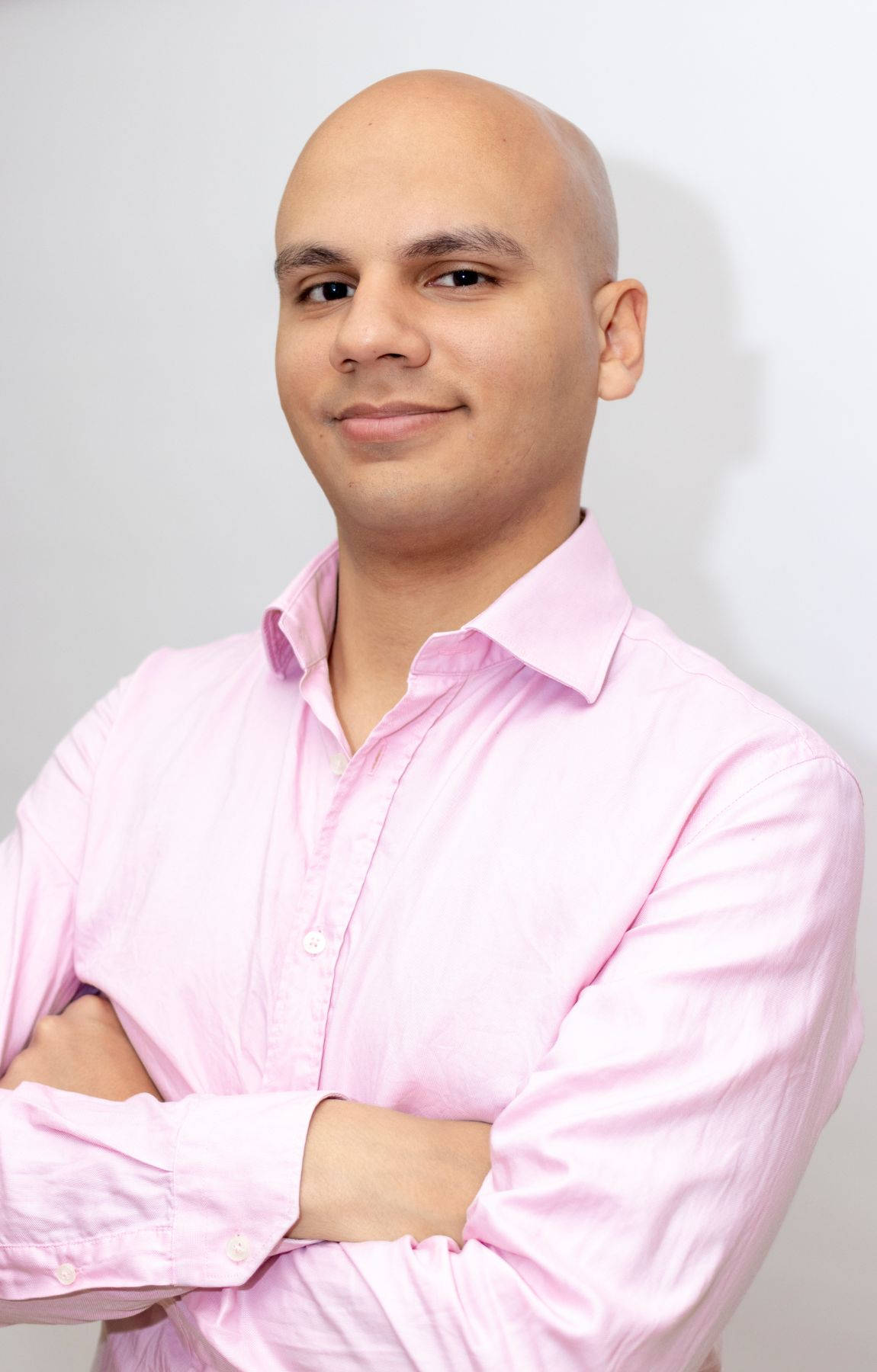 bald man, pink button-down shirt, white background, HD Phone Wallpaper