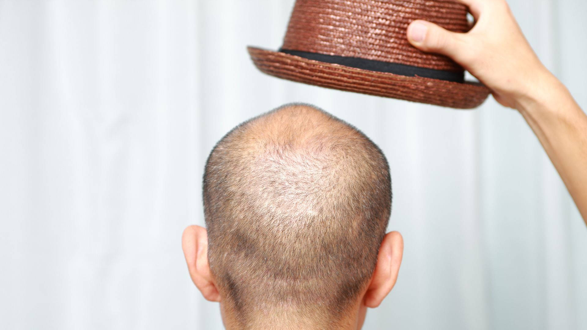 bald man, brown straw hat, white curtain, Full HD Desktop Wallpaper