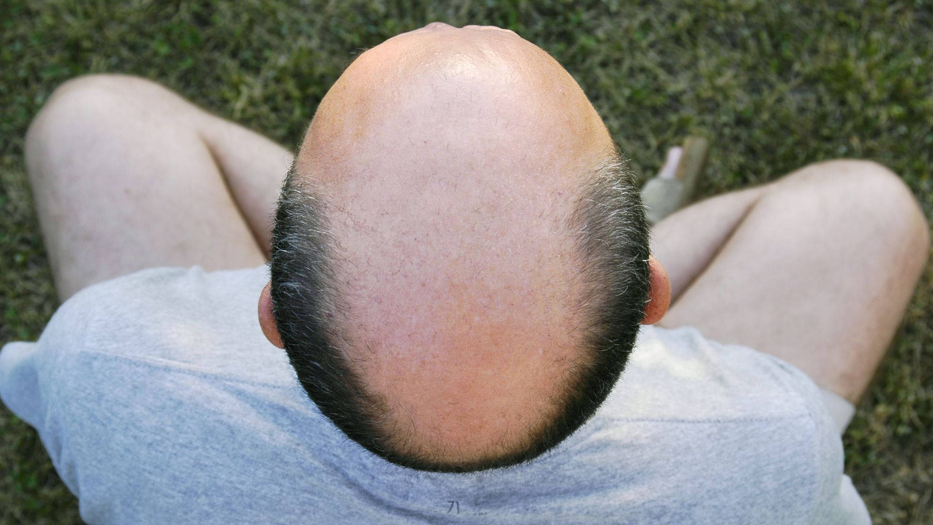 bald man, gray t-shirt, green grass, Full HD Desktop Wallpaper