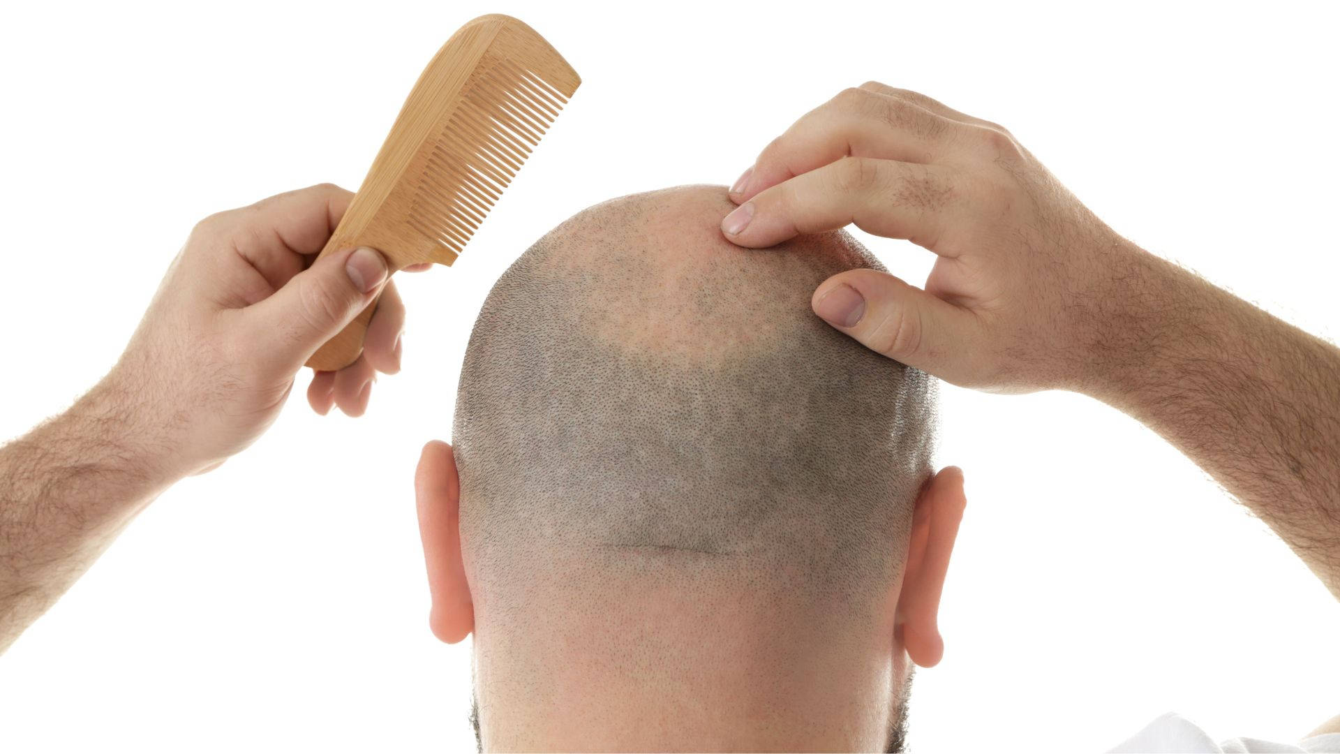 bald man, wooden comb, white background, Full HD Desktop Wallpaper