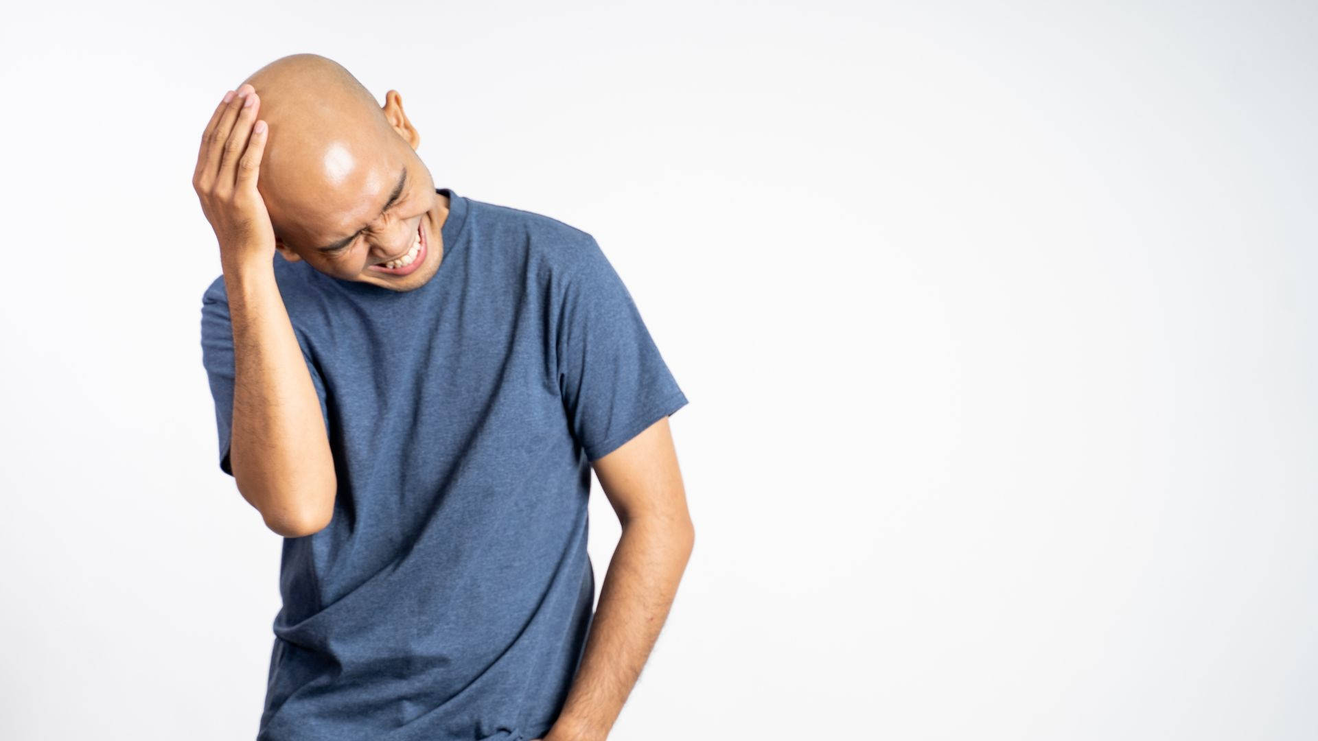 Bald Man, blue t-shirt, plain white background, Full HD Desktop Wallpaper