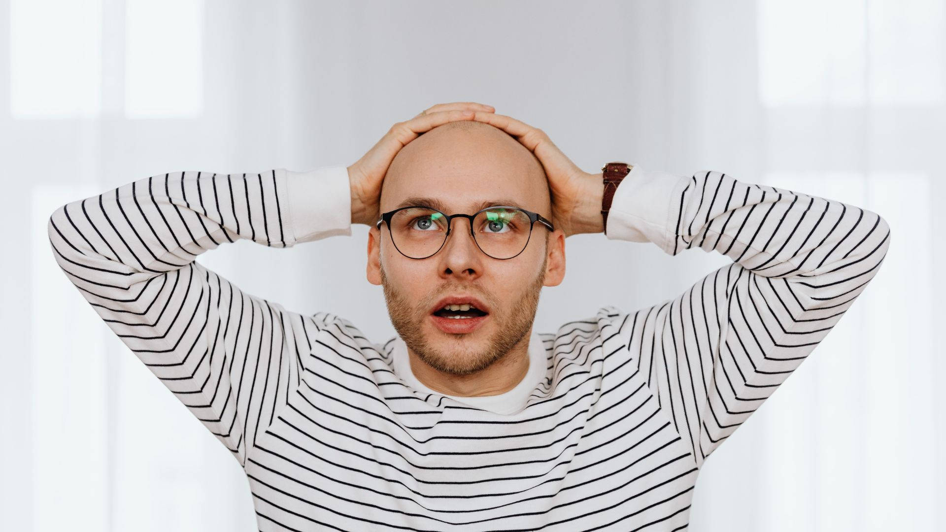bald man, glasses, bright white curtain backdrop, Full HD Desktop Wallpaper