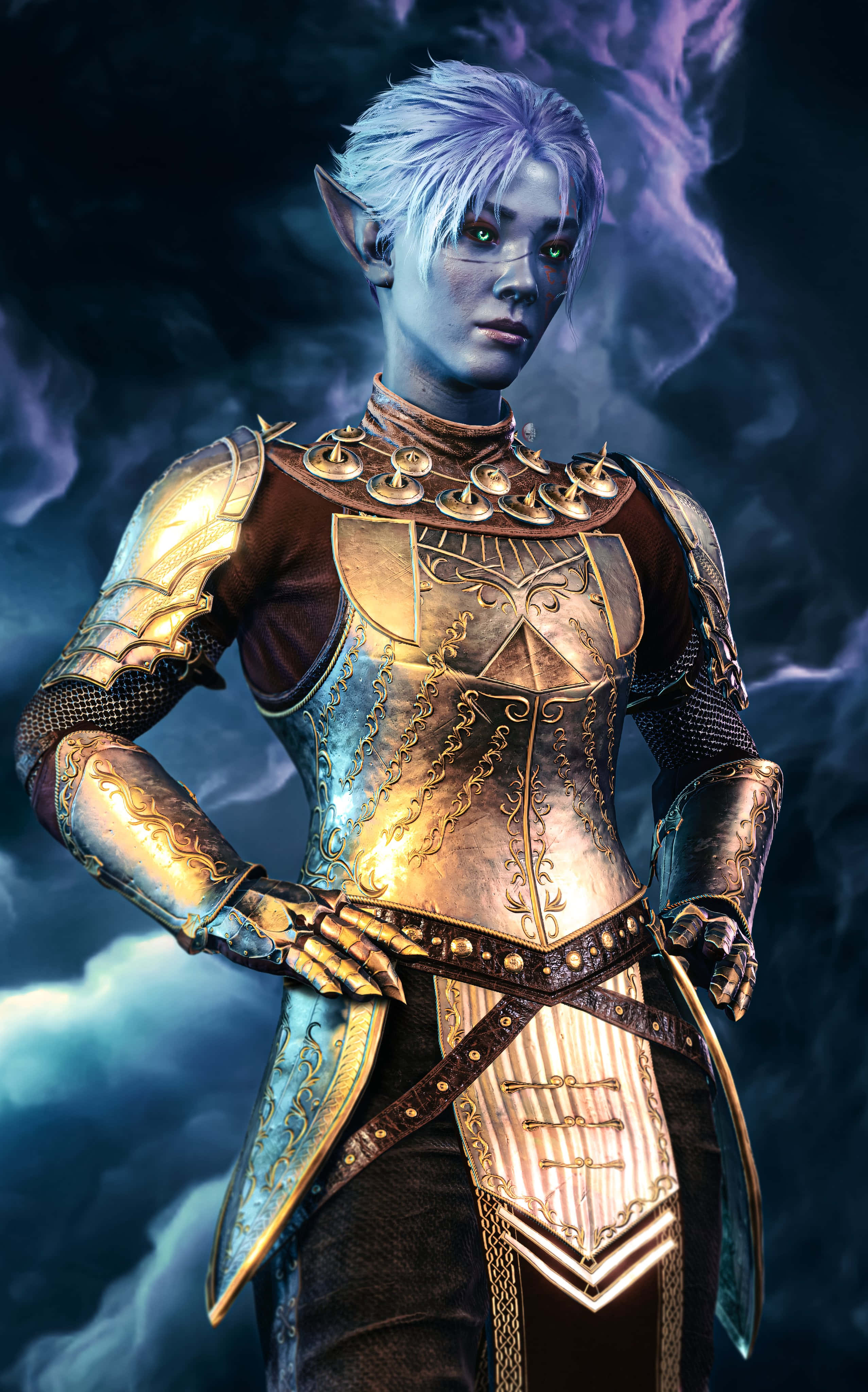 elven warrior, silver-haired elf, ornate golden armor, 4K Phone Wallpaper