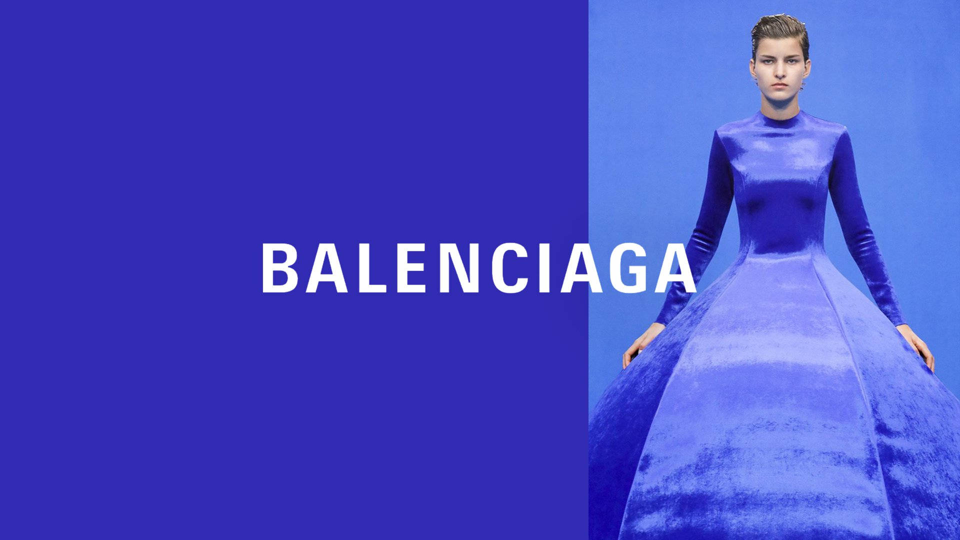 Balenciaga, royal blue gown, split blue background, Full HD Desktop Wallpaper