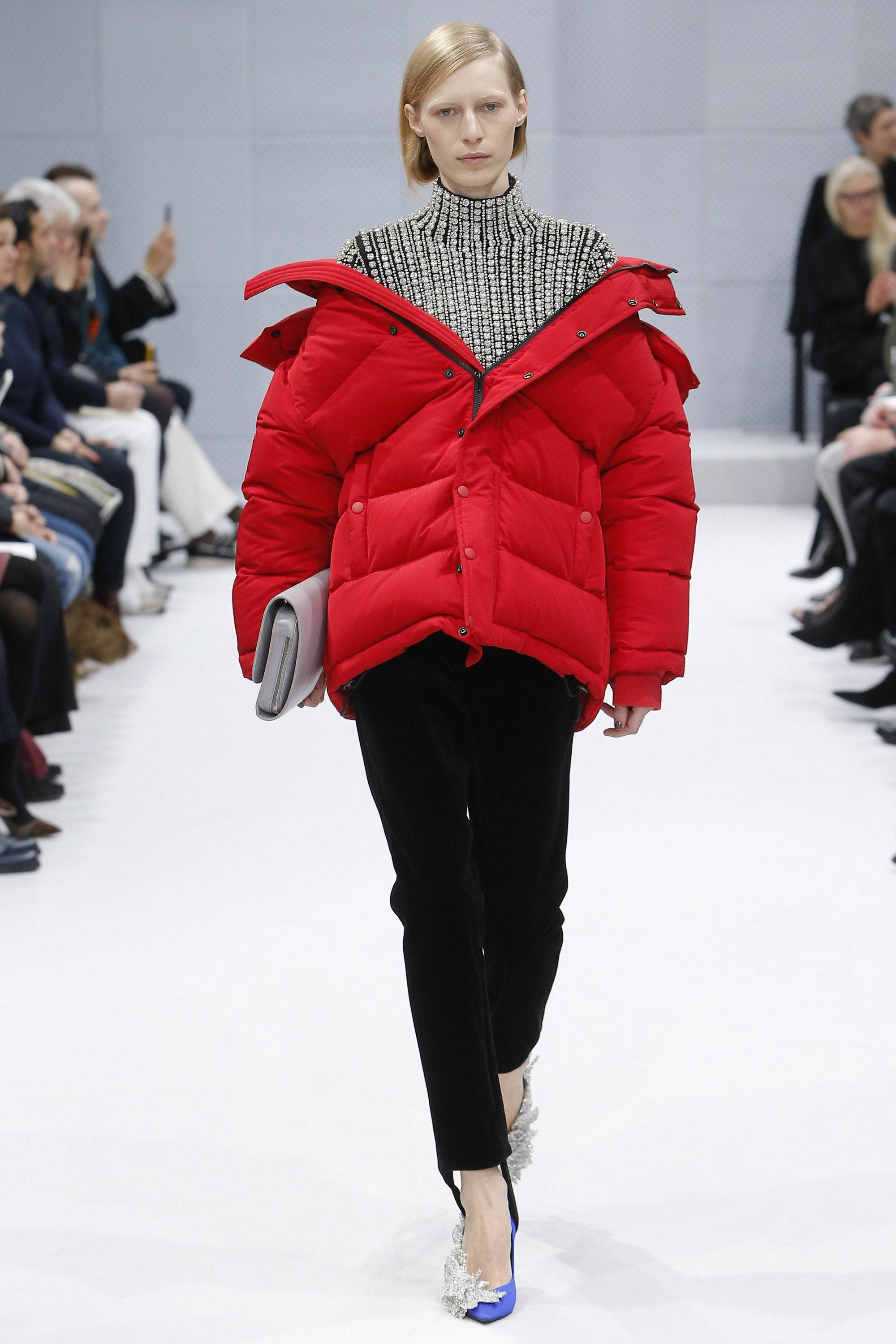 Balenciaga, red puffer jacket, oversized shoulders, 2K Phone Wallpaper