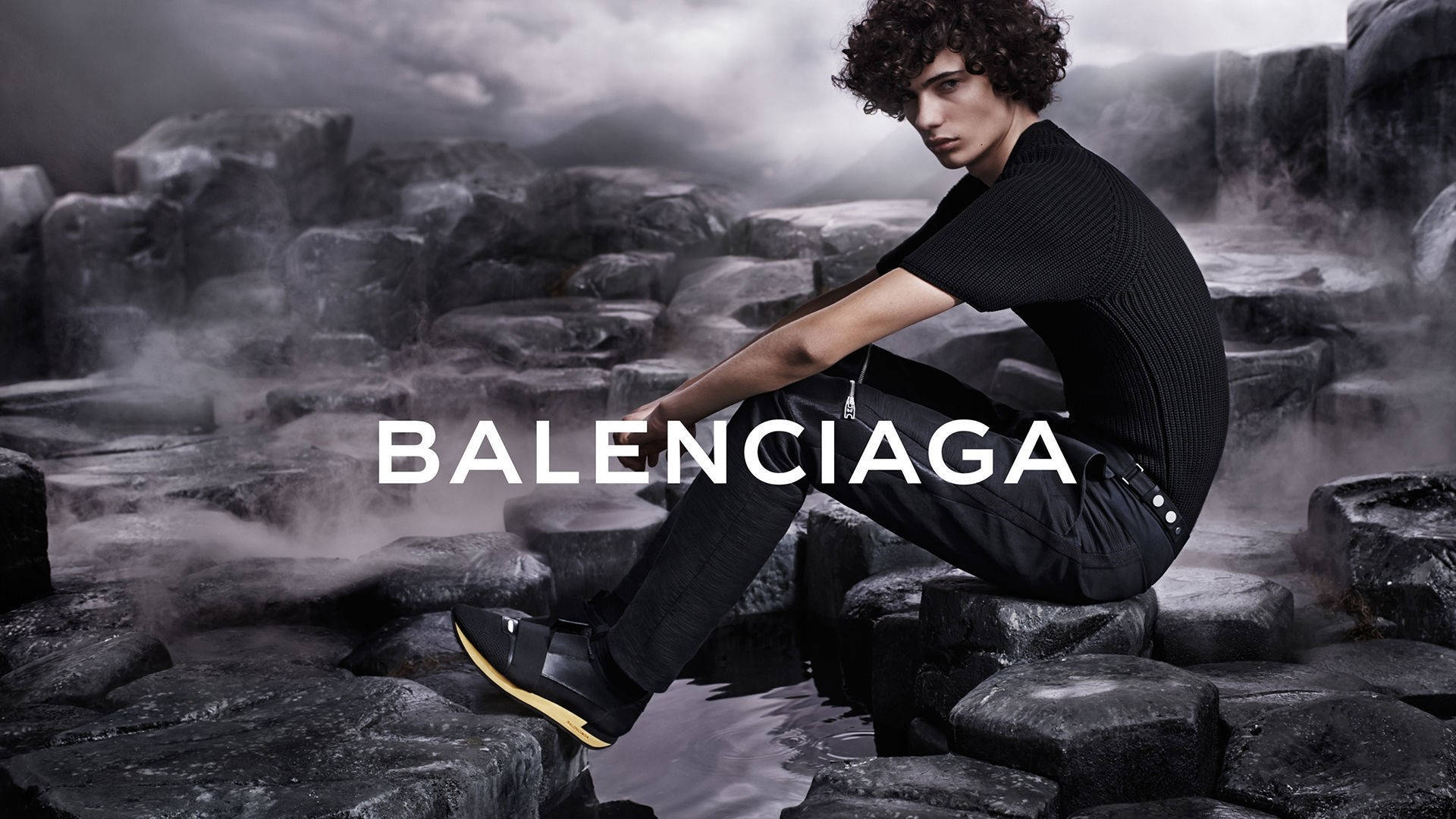 Balenciaga, black shirt, curly hair, Full HD Desktop Wallpaper
