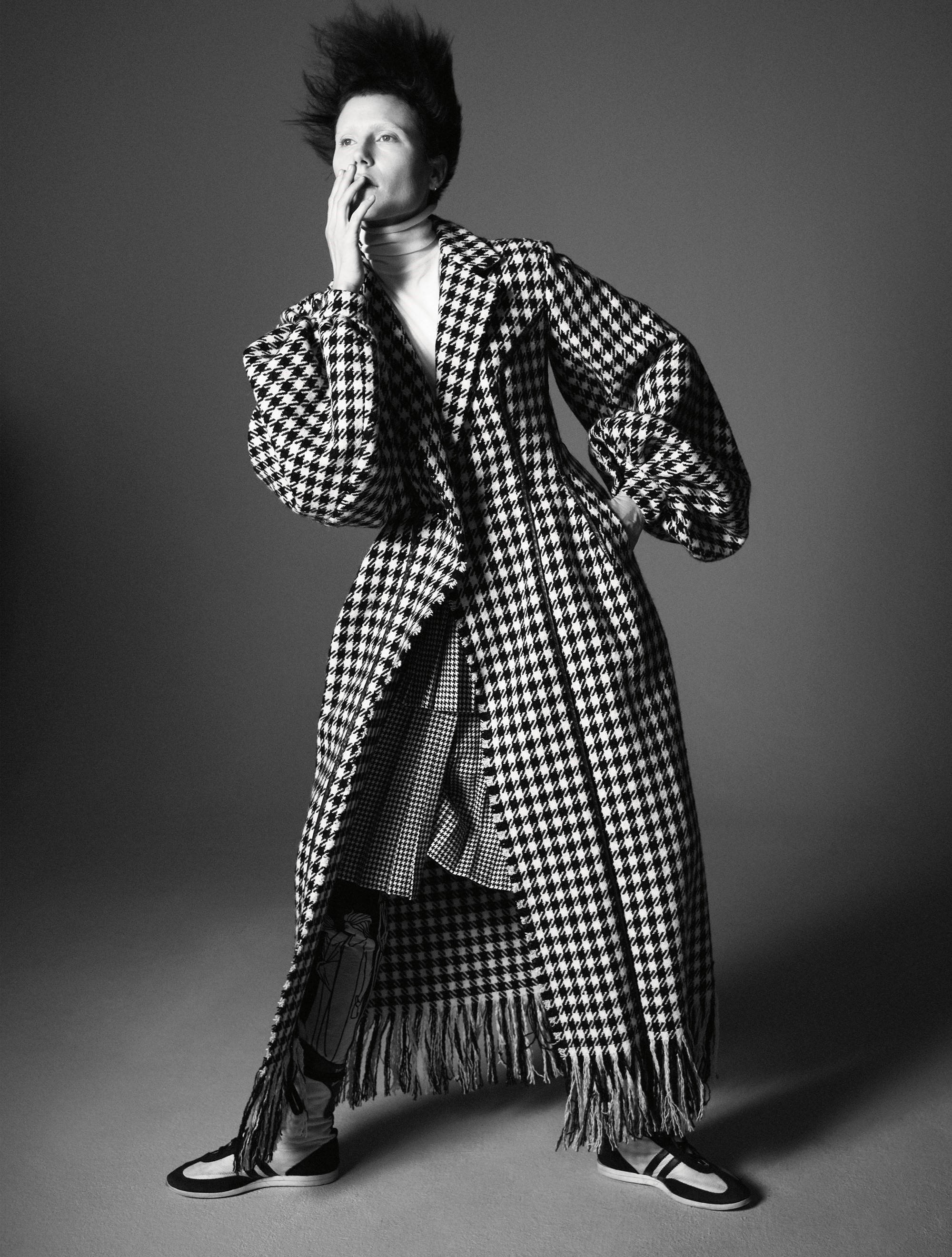 Balenciaga, checkered pattern coat, houndstooth coat, 2K Phone Wallpaper