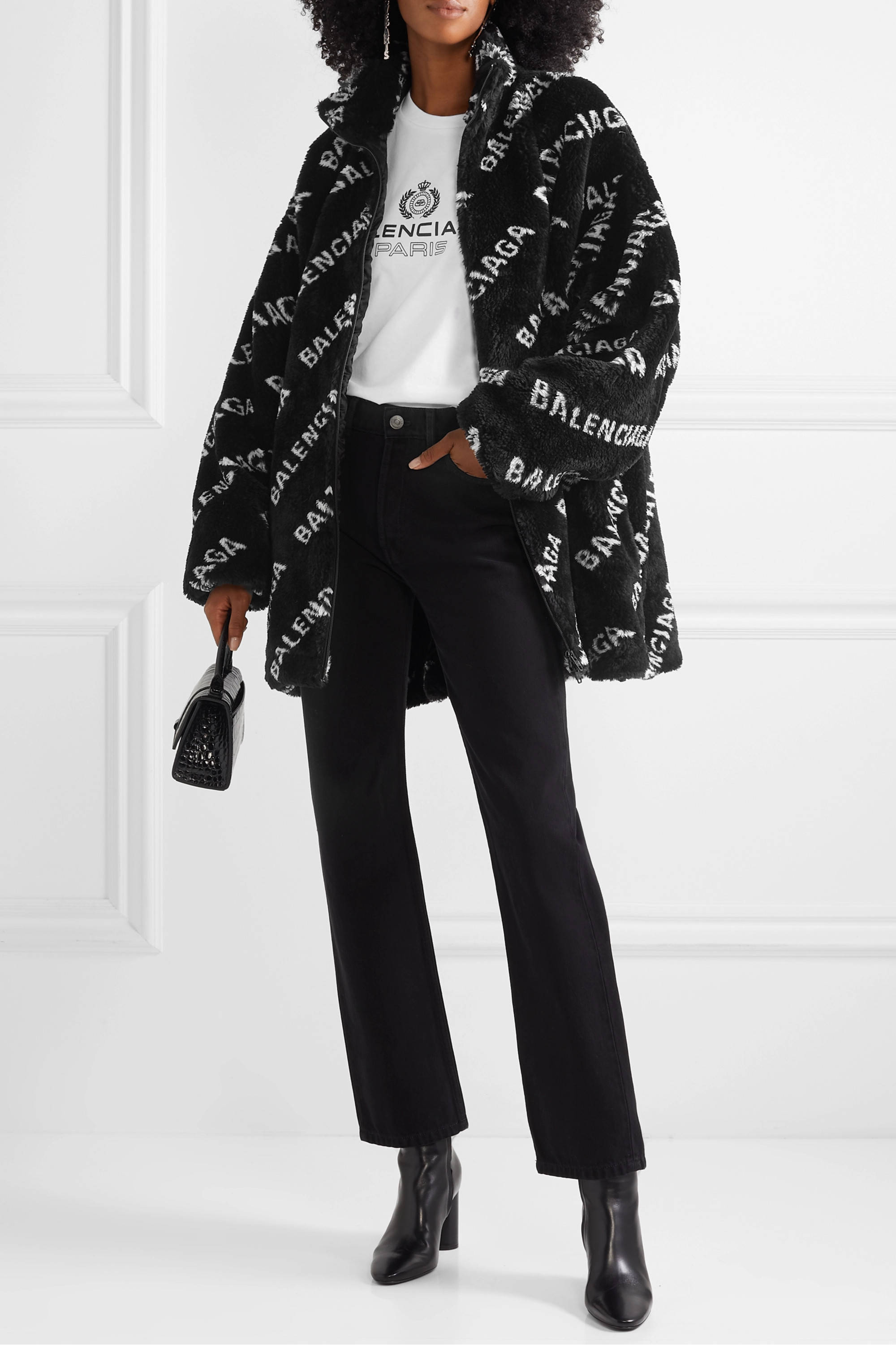 Balenciaga, black cardigan, logo-print teddy coat, 2K Phone Wallpaper