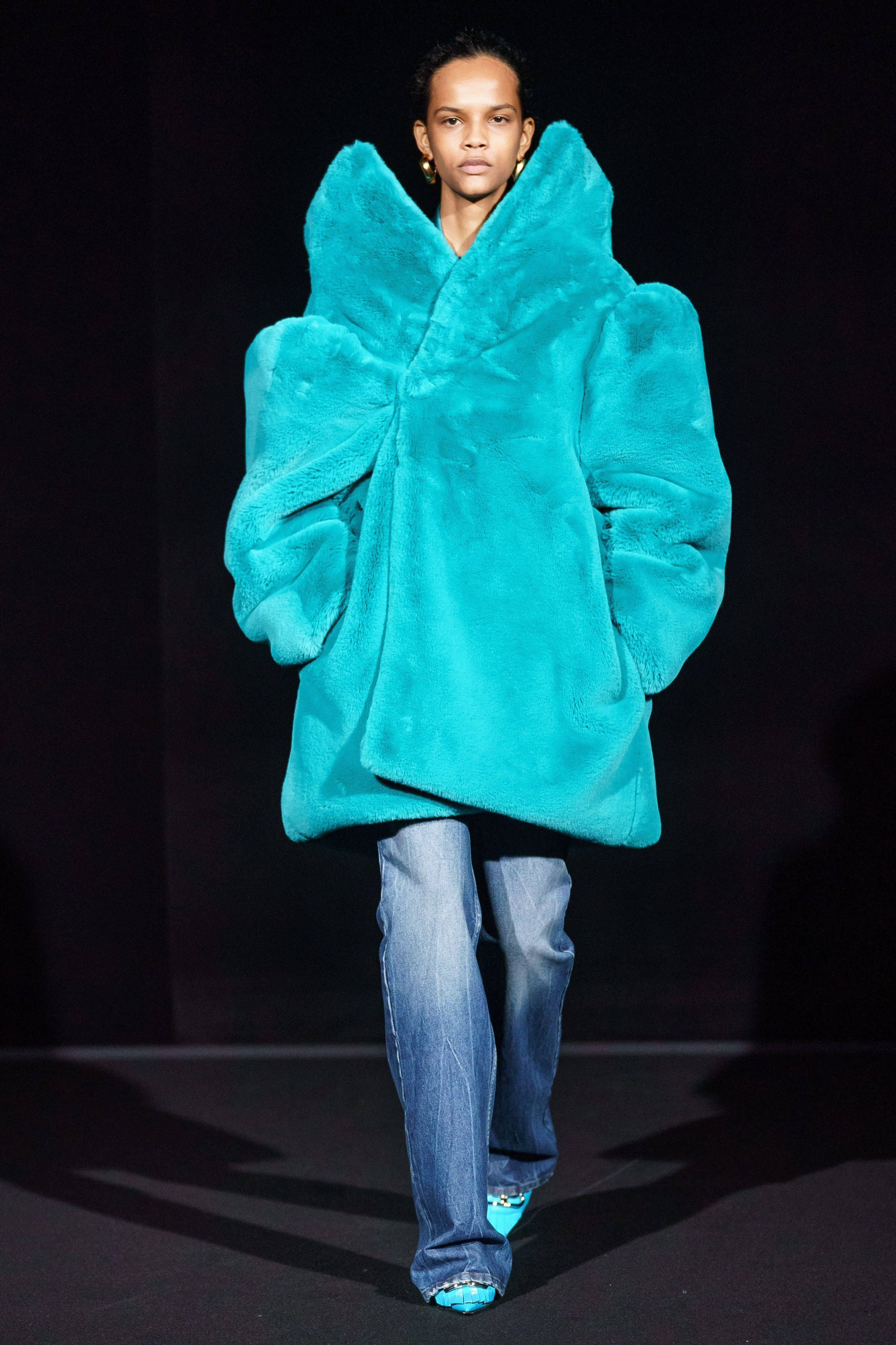 Balenciaga, blue fluffy coat, turquoise faux fur coat, 4K Phone Wallpaper