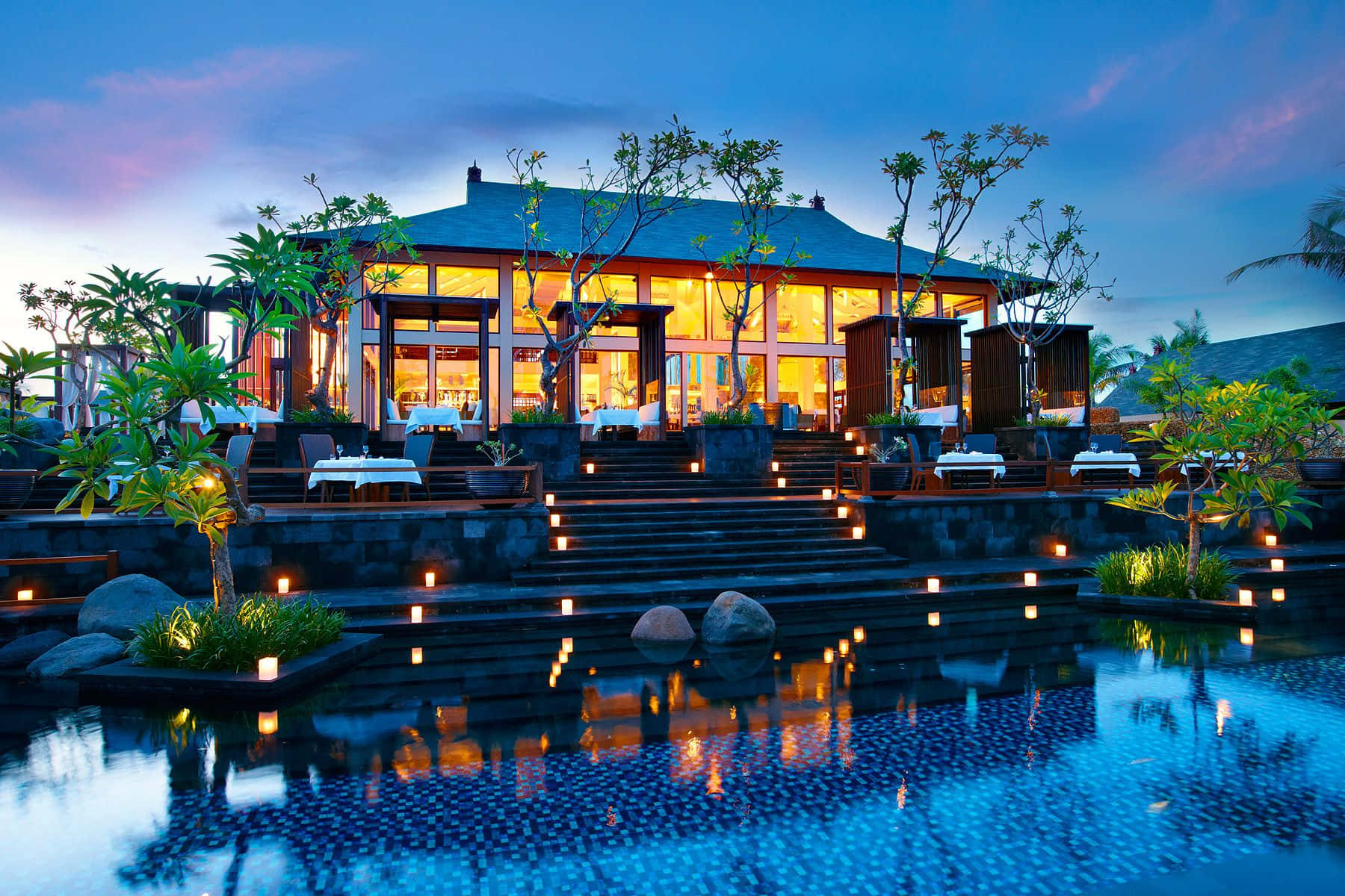 Bali Beach, twilight, infinity pool, HD Desktop Wallpaper