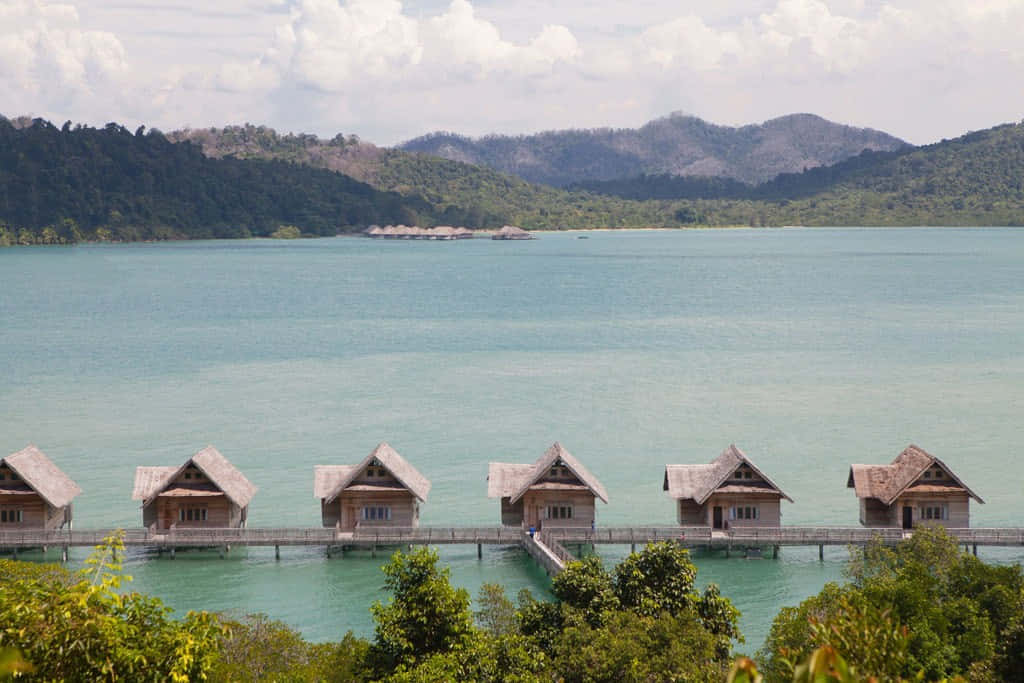 Bali Island, wooden overwater bungalows, thatched roofs, SD Desktop Wallpaper