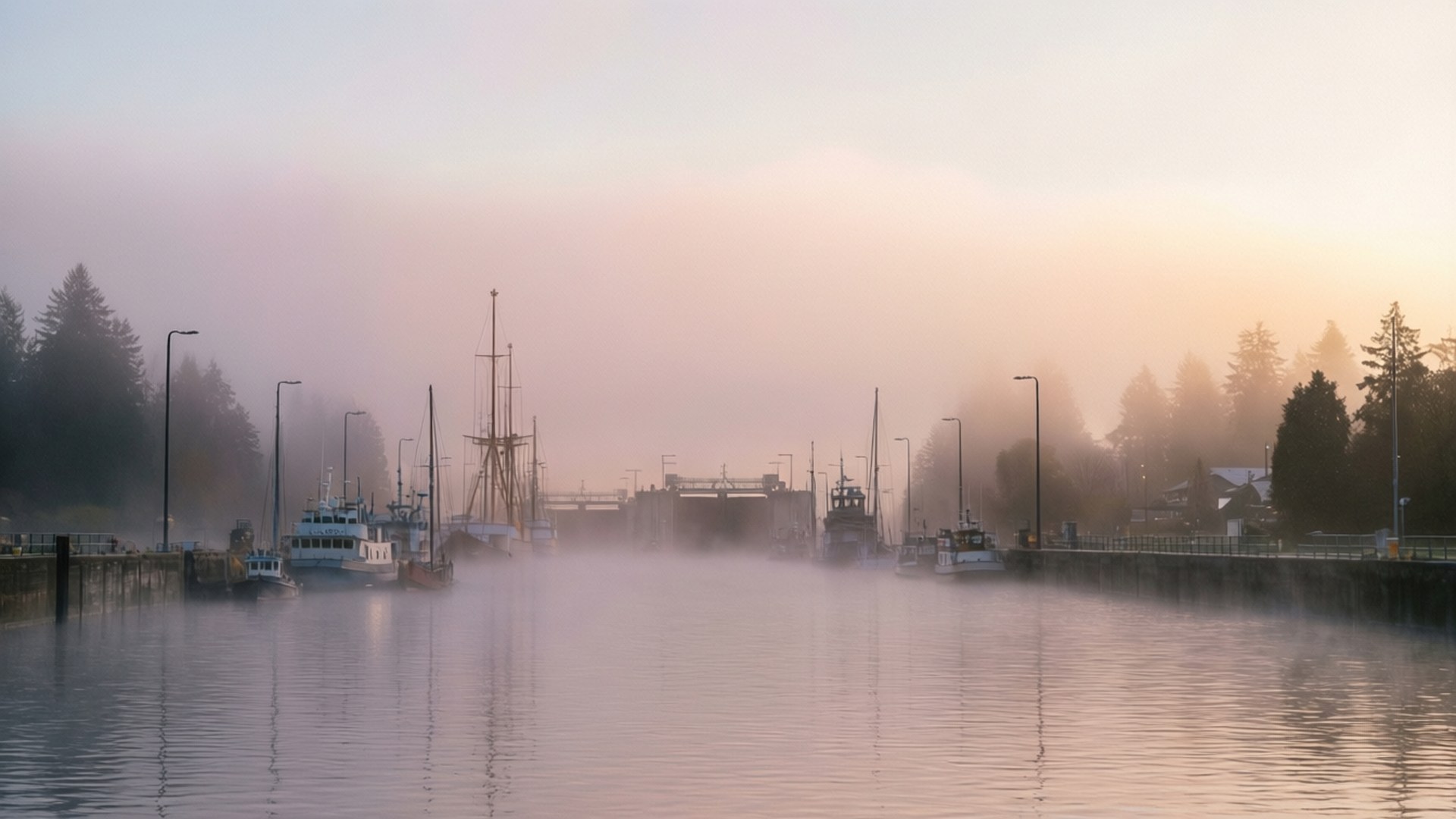 Ballard Locks, foggy morning, boats, Full HD Desktop Wallpaper