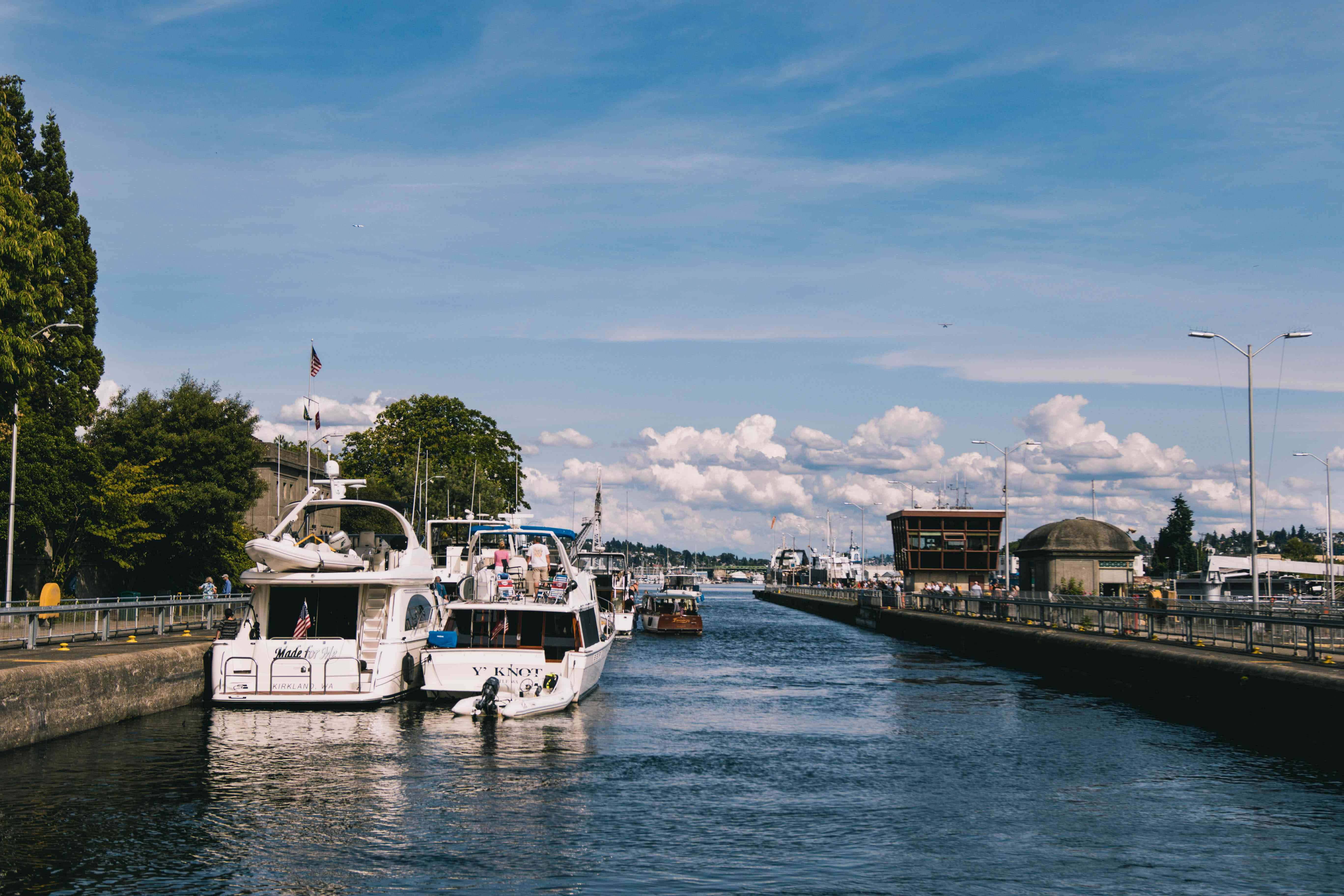 Ballard Locks, sunny day, canal, 5K Desktop Wallpaper