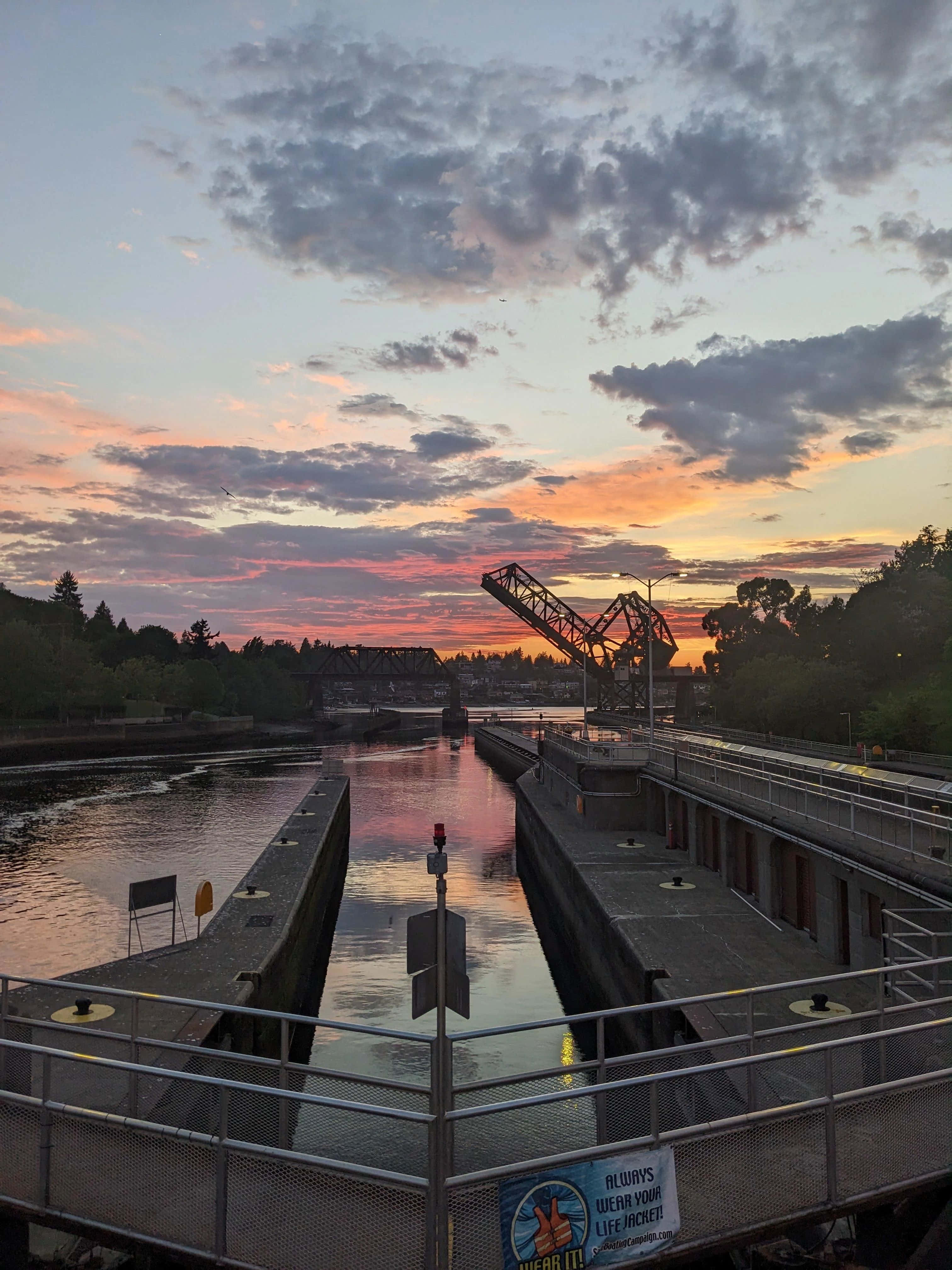 Ballard Locks, sunset, canal lock, 4K Phone Wallpaper