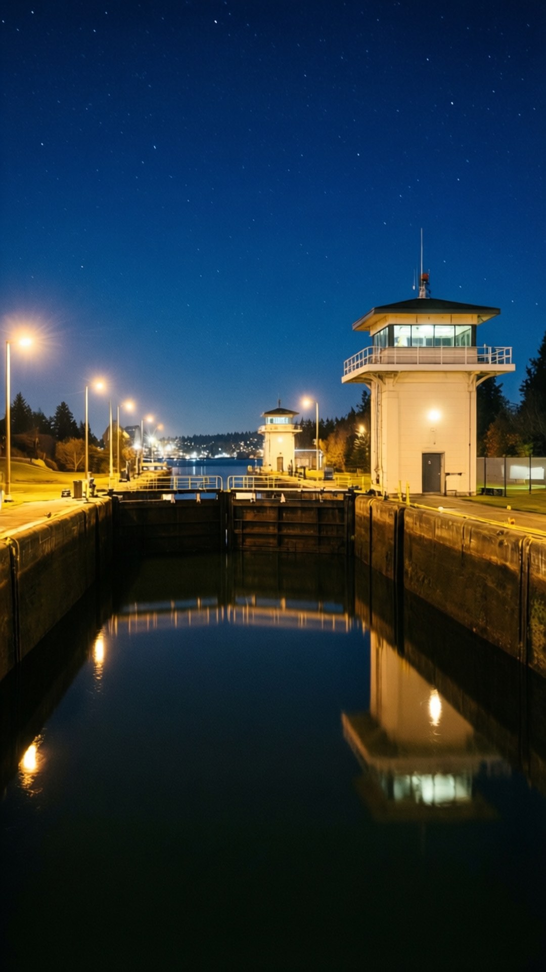 Ballard Locks, Night, Reflections, Full HD Phone Wallpaper