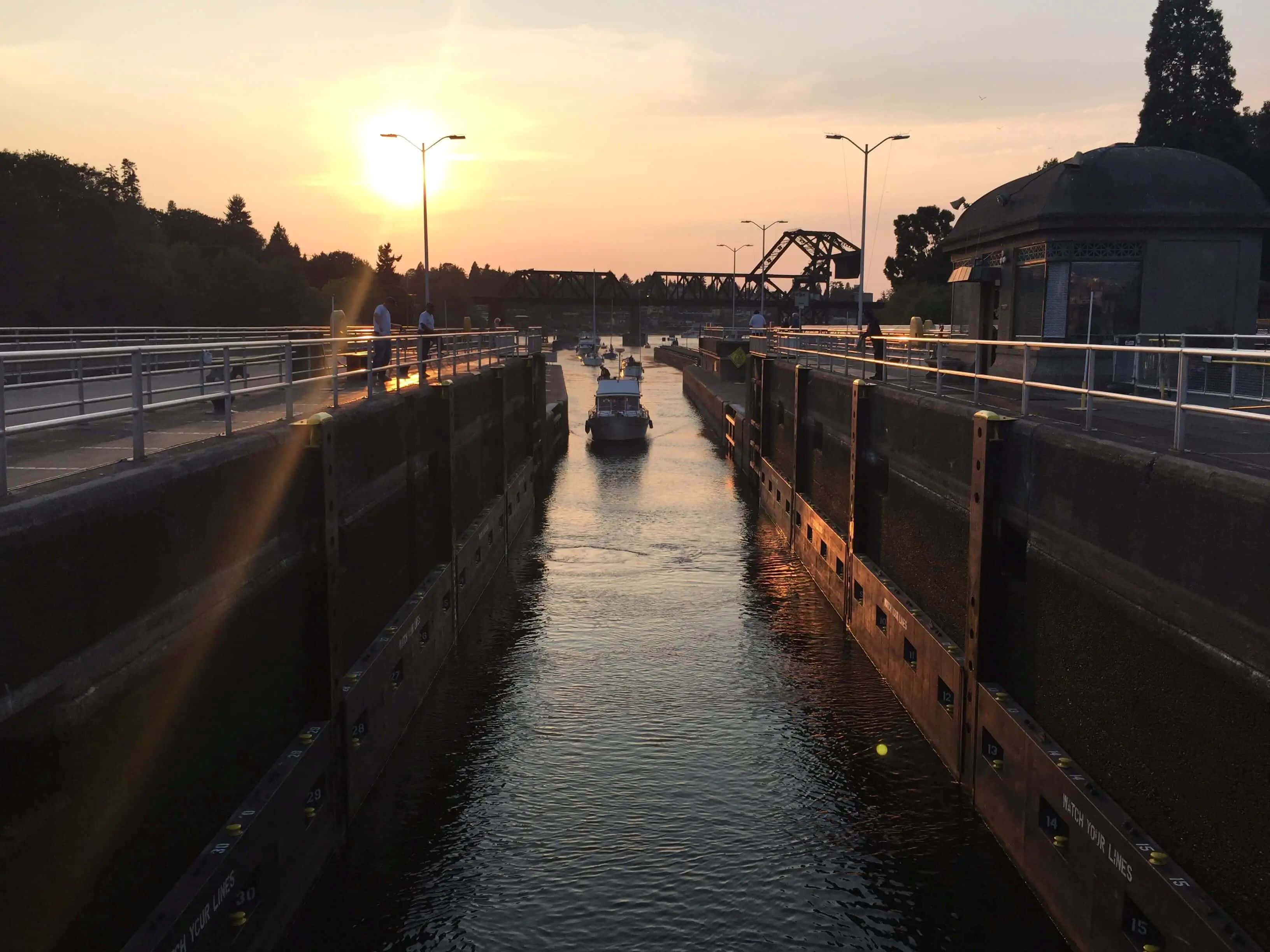 sunset at ballard locks, Ballard Locks, canal lock, 2K Desktop Wallpaper