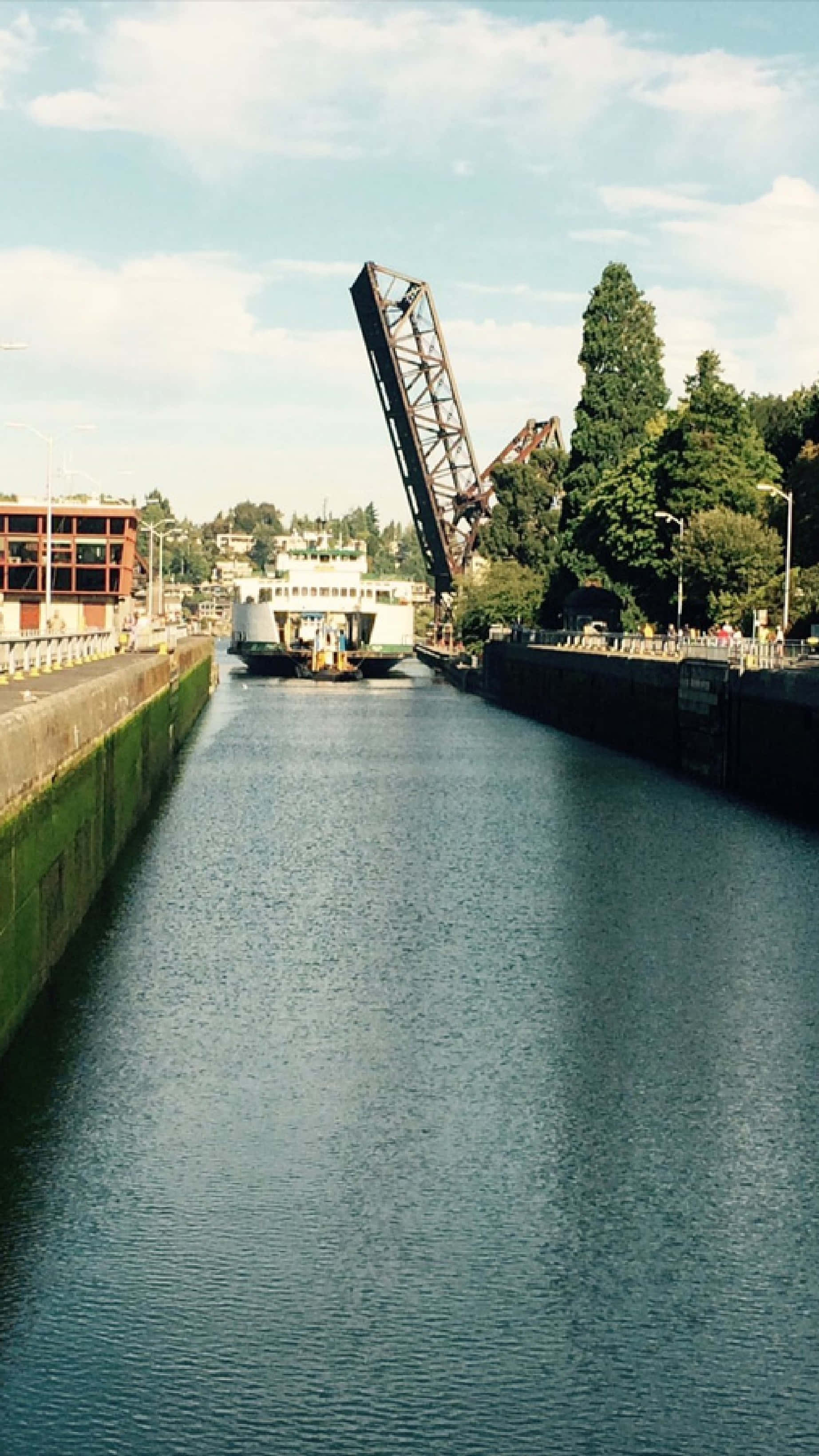 Ballard Locks, raised bridge, white ferry, 2K Phone Wallpaper