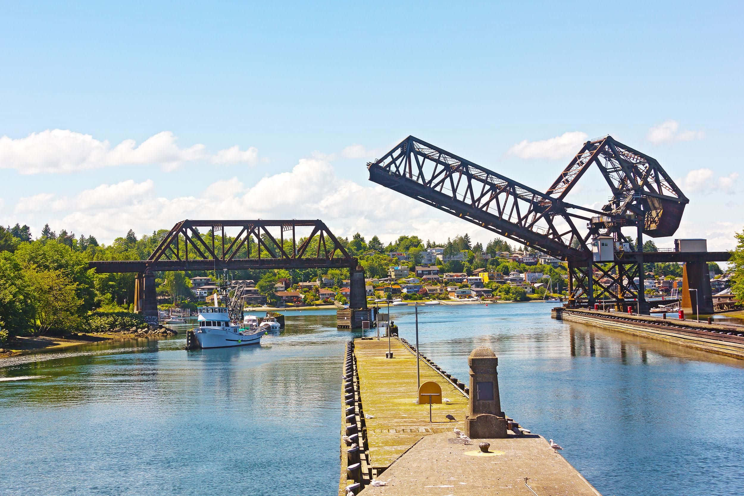 Ballard Locks, railroad bridge, steel truss bridge, Full HD Desktop Wallpaper