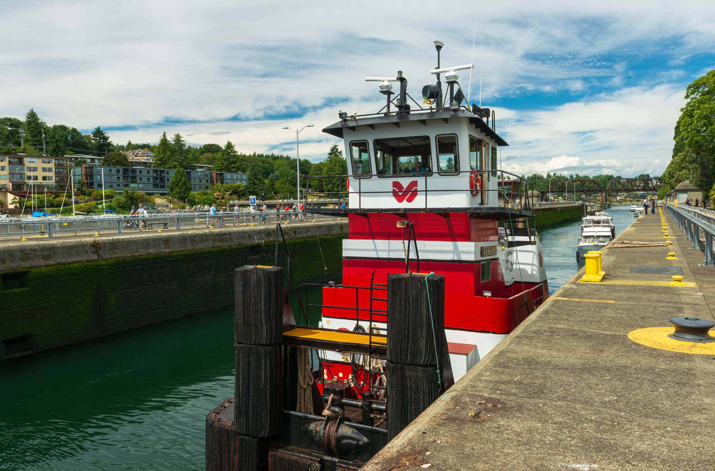Ballard Locks, tugboat, lock chambers, Full HD Desktop Wallpaper