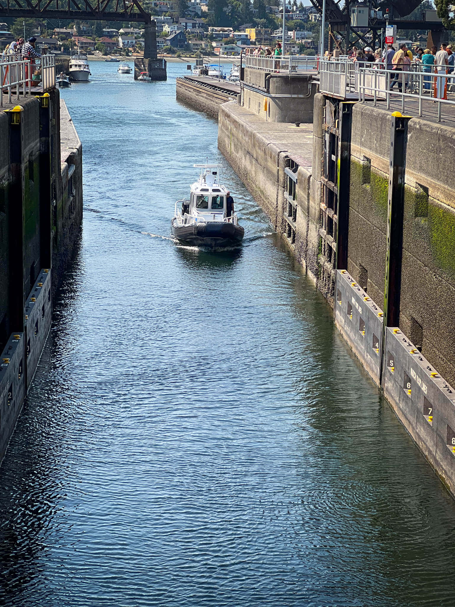 Ballard Locks, boat passage, narrow canal lock, Full HD Phone Wallpaper
