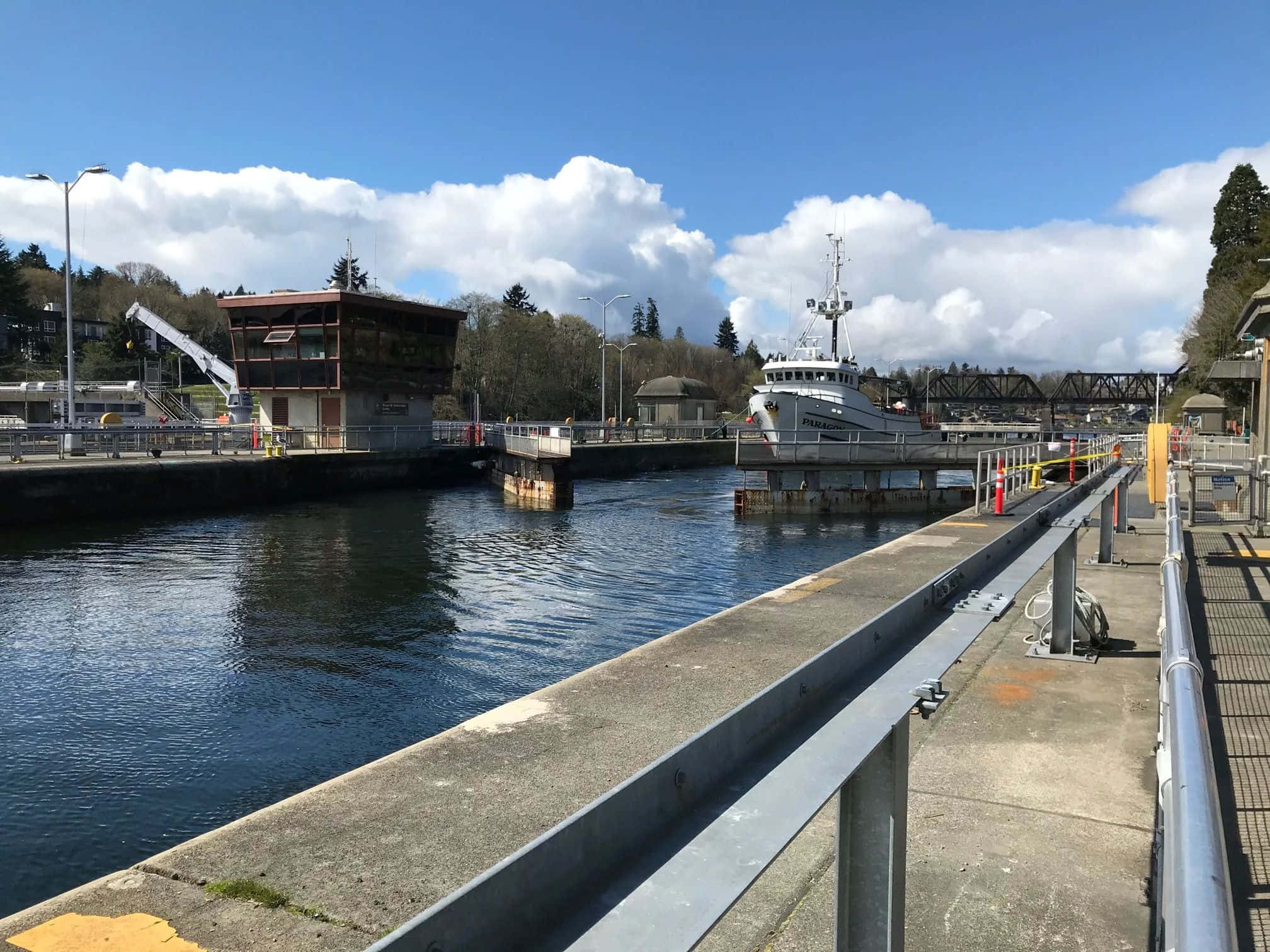 Ballard Locks, sunny day, white ship, Full HD Desktop Wallpaper