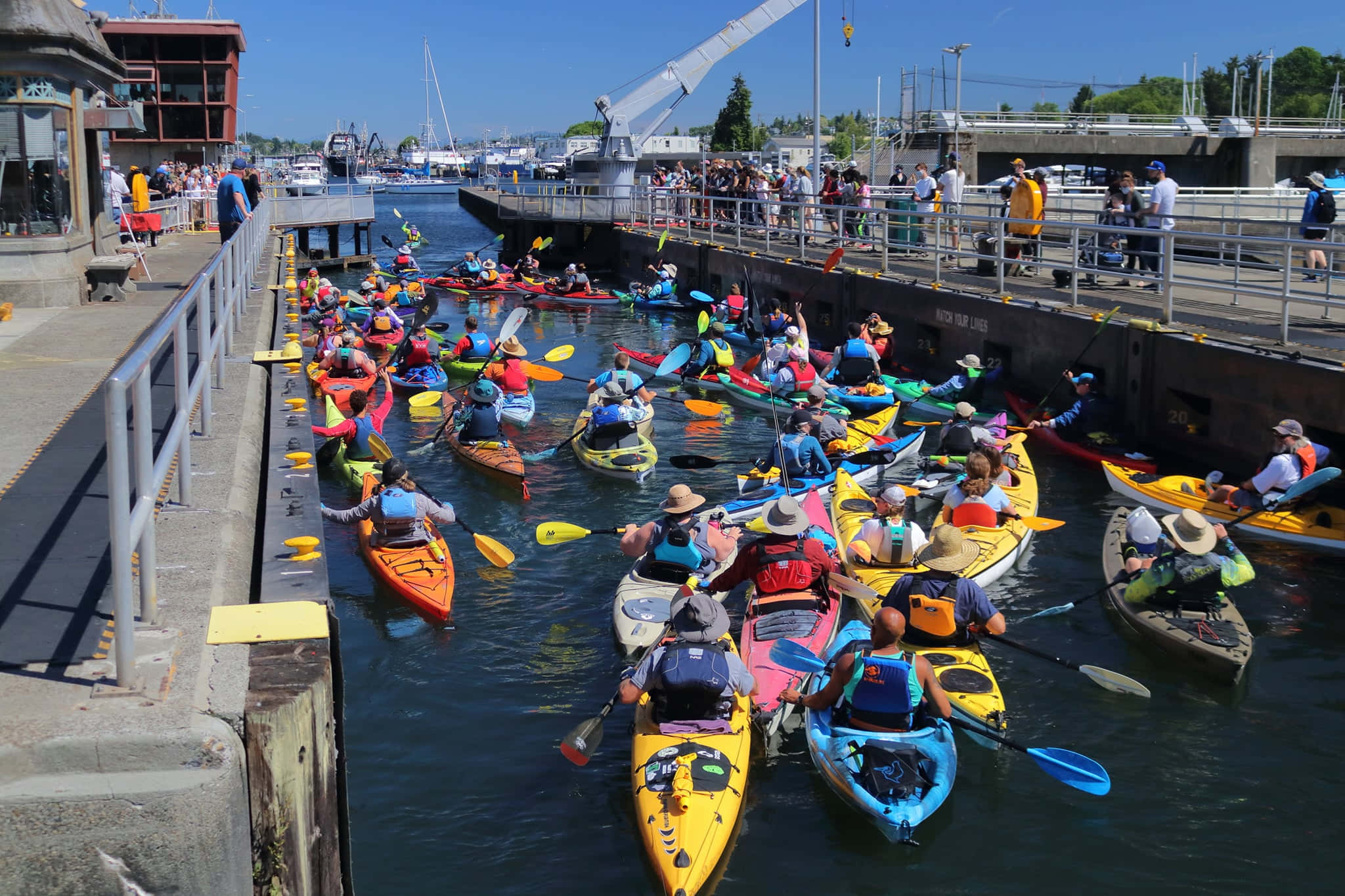 Ballard Locks, kayakers, colorful boats, Full HD Desktop Wallpaper