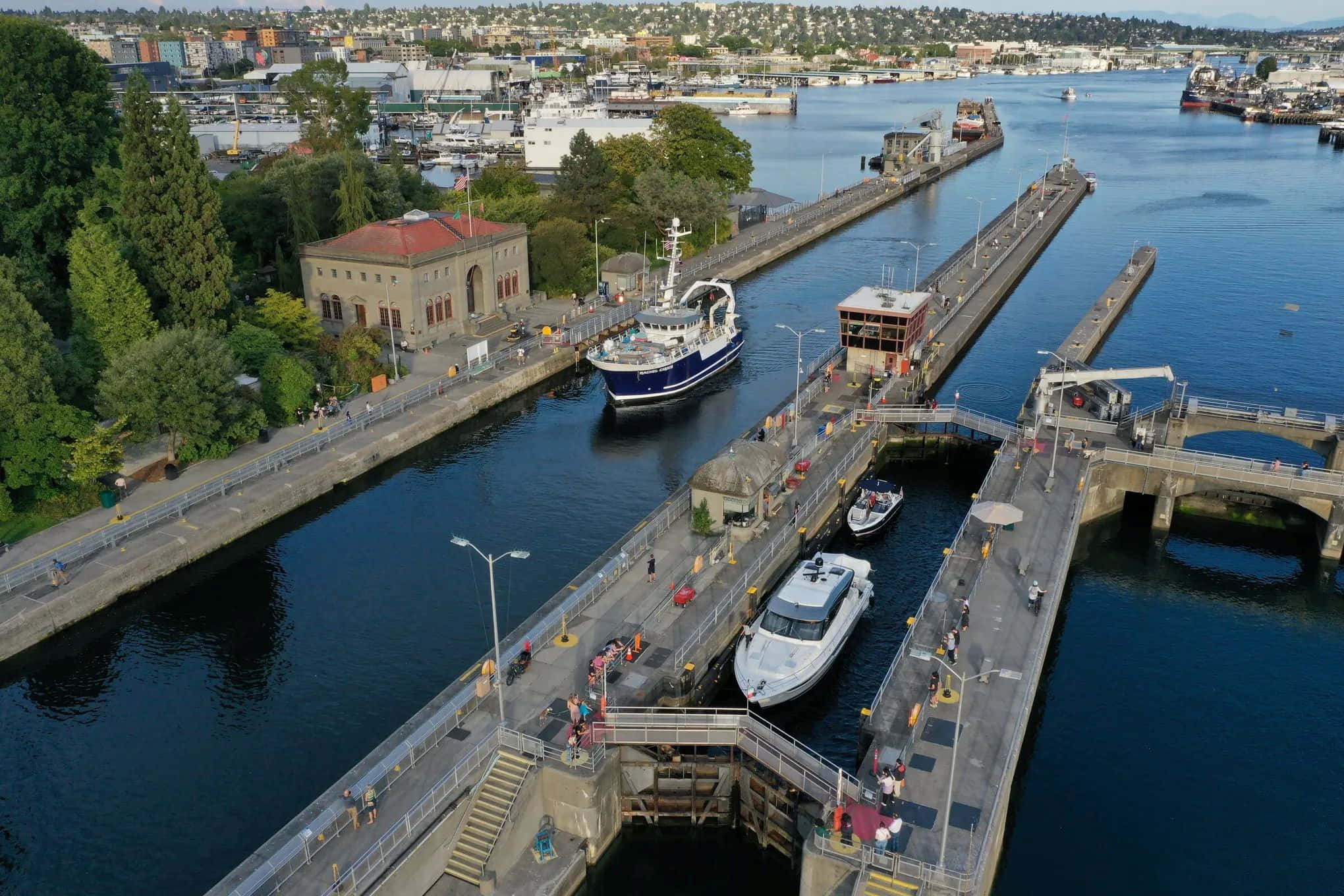 Ballard Locks, aerial view, ship lock, Full HD Desktop Wallpaper
