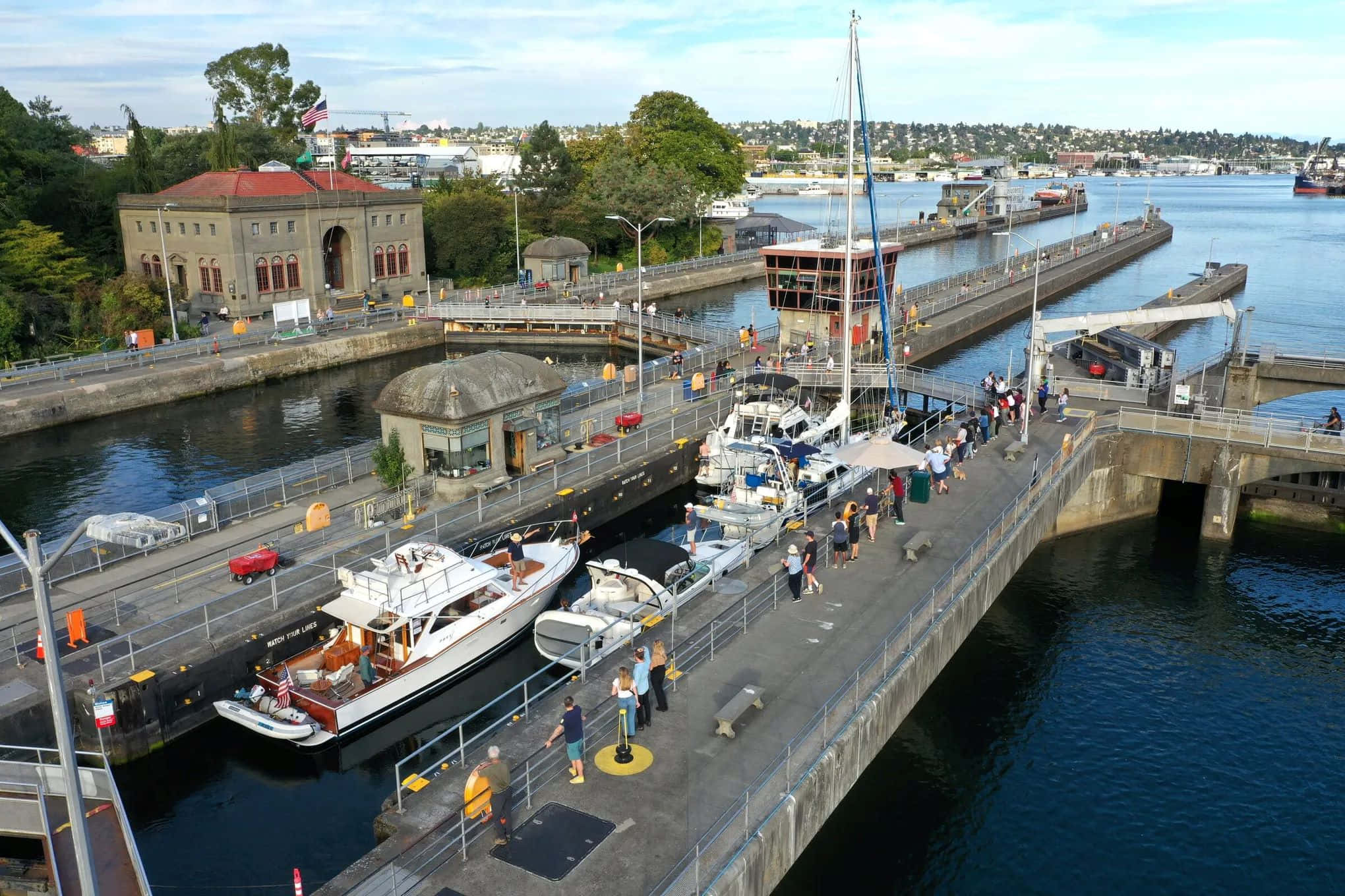 Ballard Locks, maritime activity, boat lift, Full HD Desktop Wallpaper