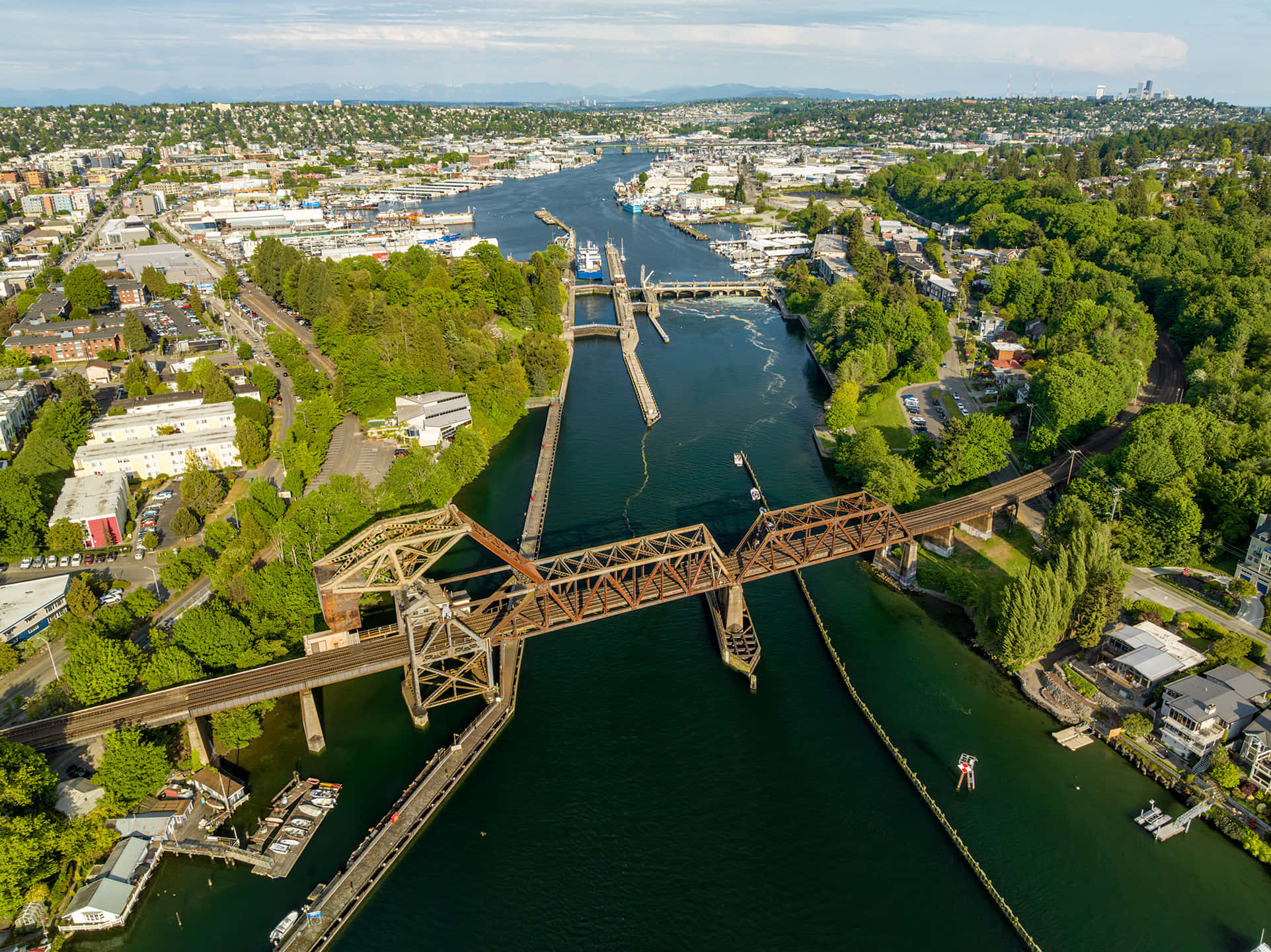 Ballard Locks, rusty truss bridge, deep green waterway, Full HD Desktop Wallpaper
