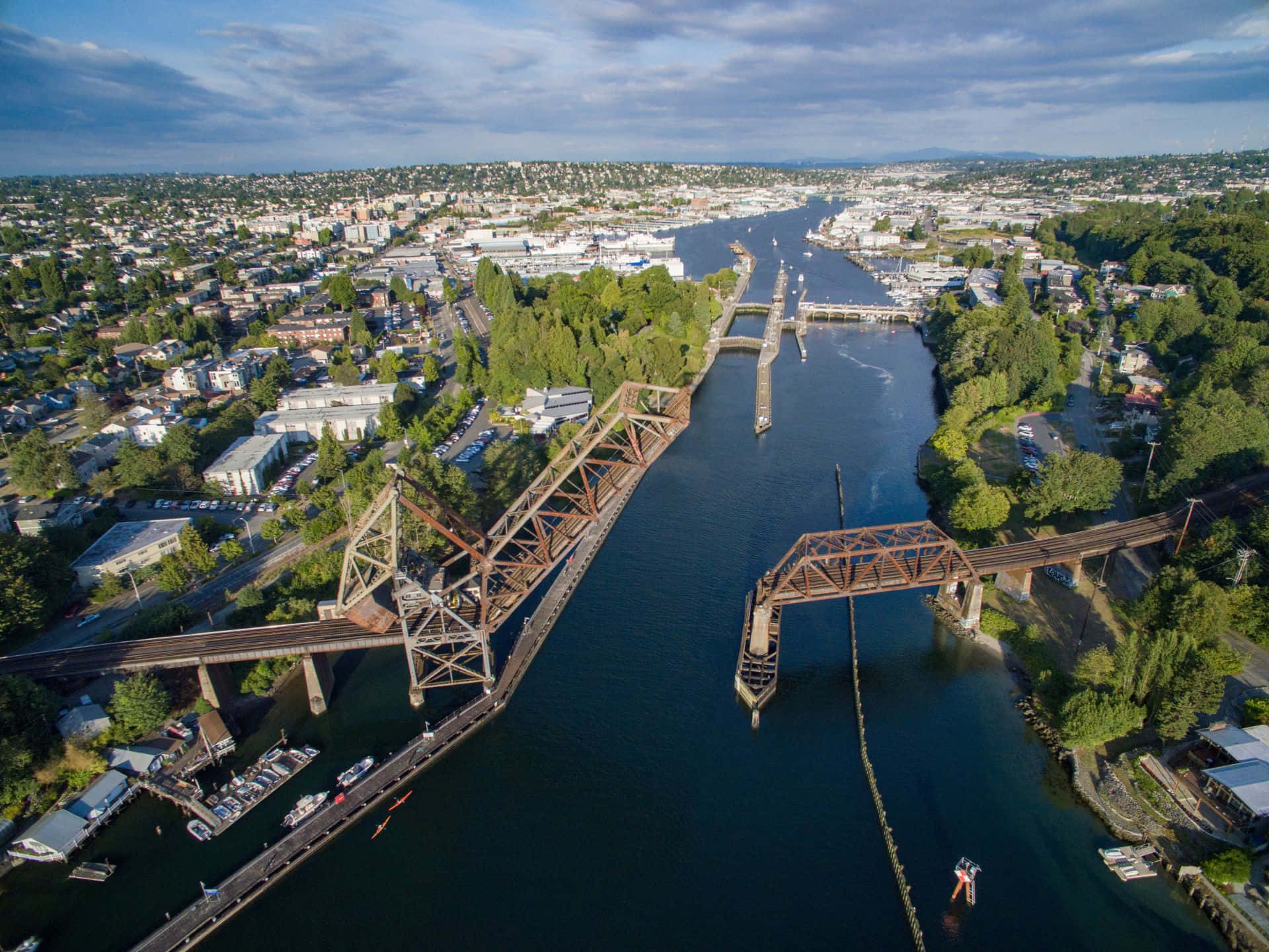 Ballard Locks, drawbridge, river, Full HD Desktop Wallpaper